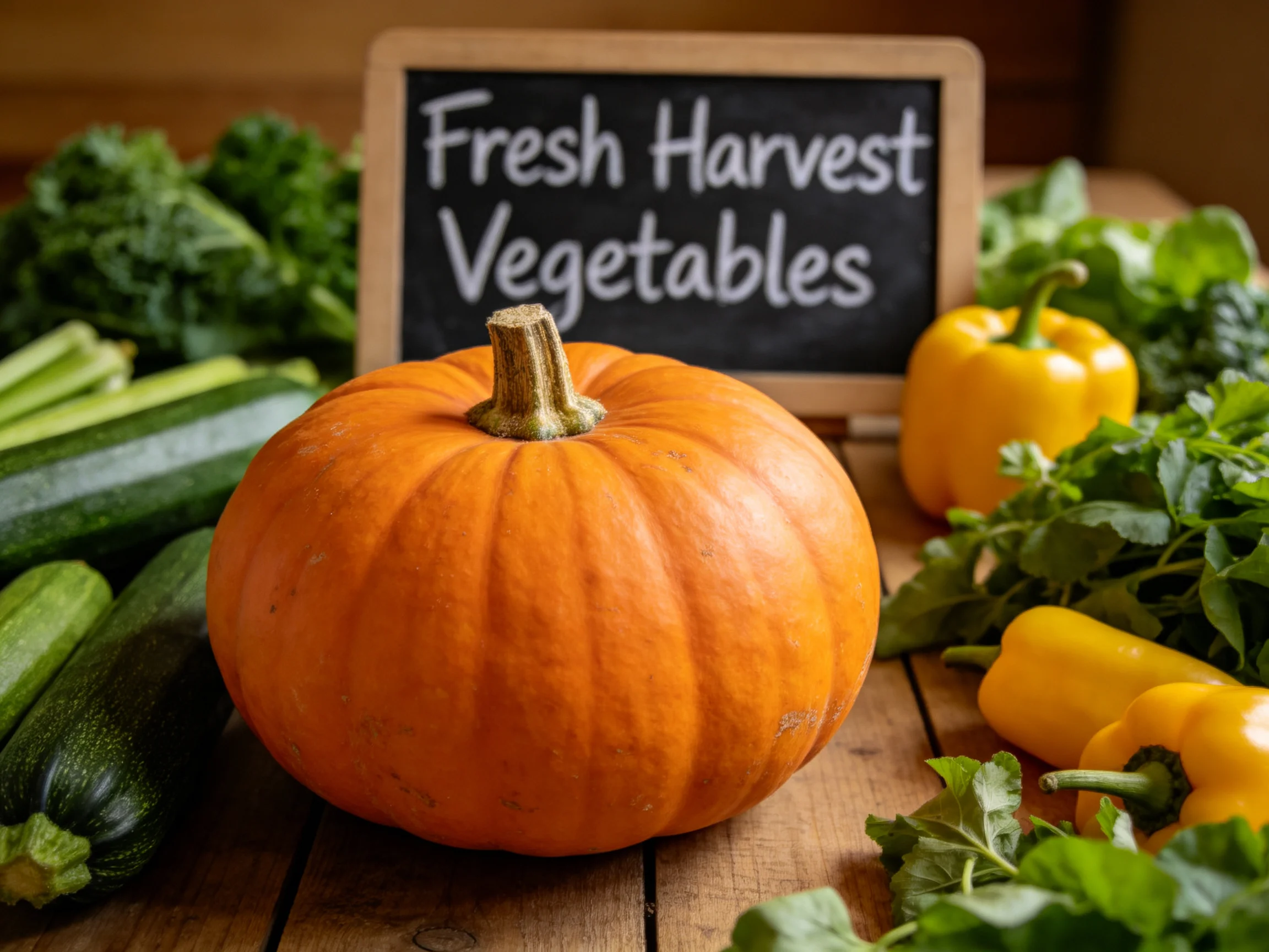 Fresh harvest vegetables featuring a large orange pumpkin among colorful produce