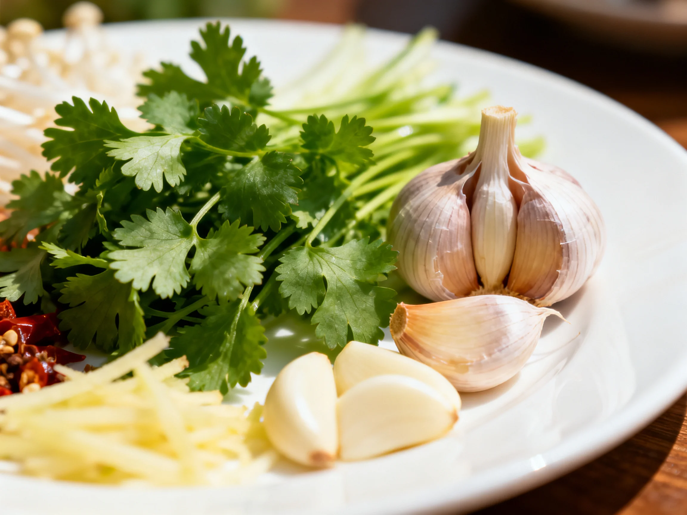 Fresh herbs, garlic, ginger, and chili arranged on a white plate