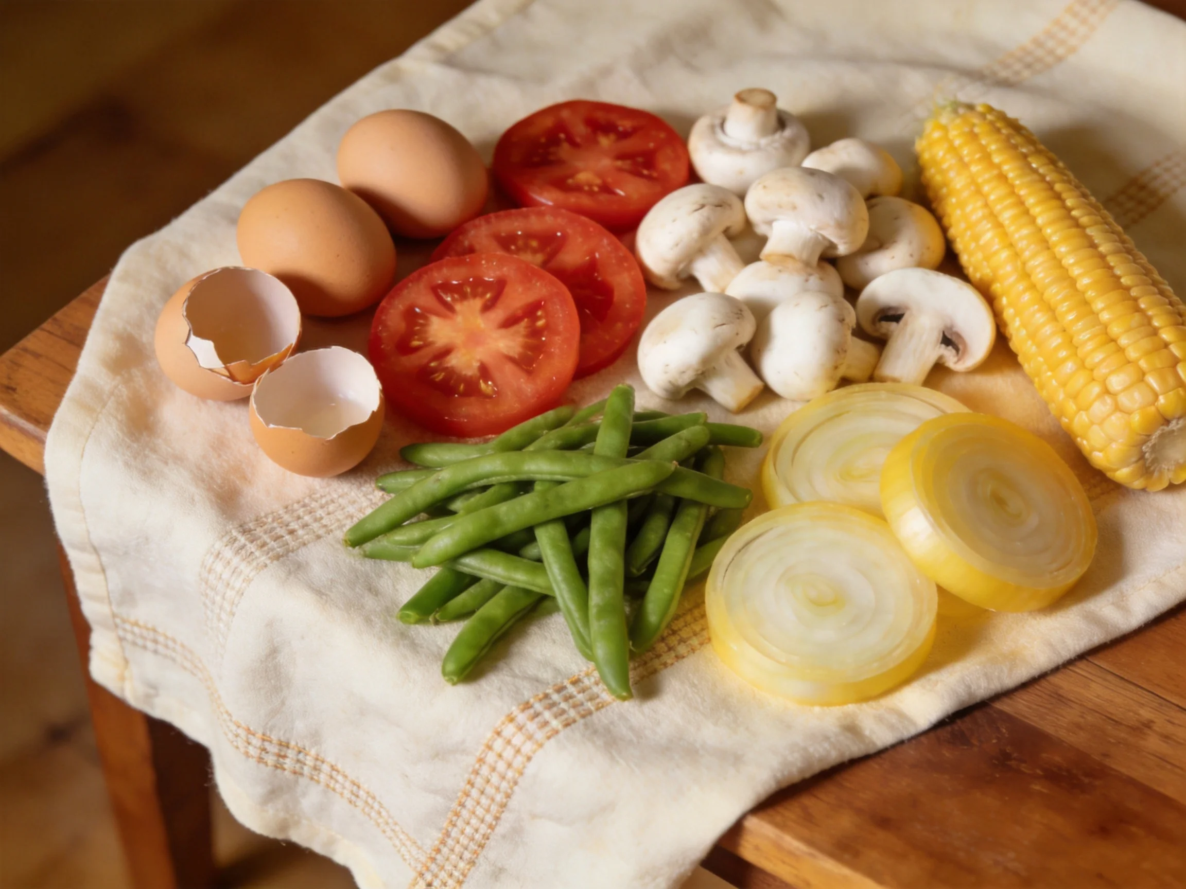 Fresh ingredients including eggs, tomatoes, mushrooms, corn, green beans, and onions on a cloth