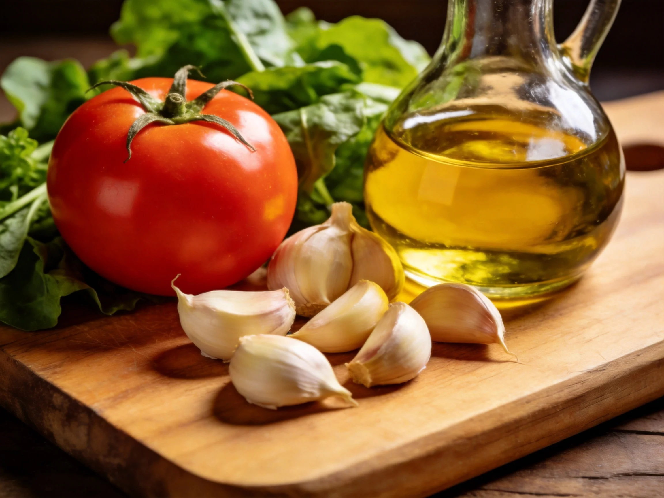 Fresh ingredients including one tomato, garlic cloves, olive oil, and greens on a wooden cutting boar