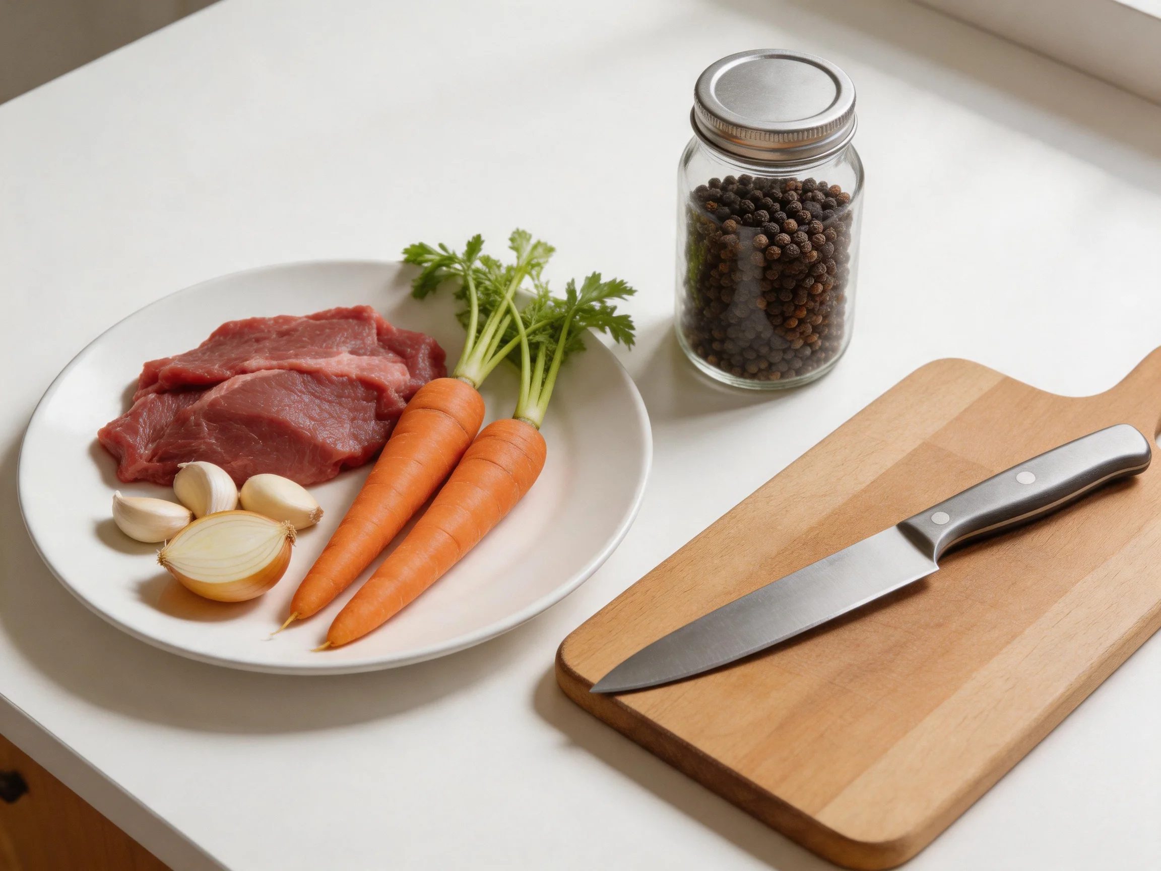 Fresh ingredients including raw beef, orange carrots, garlic, onion, black peppercorns, and a chef’