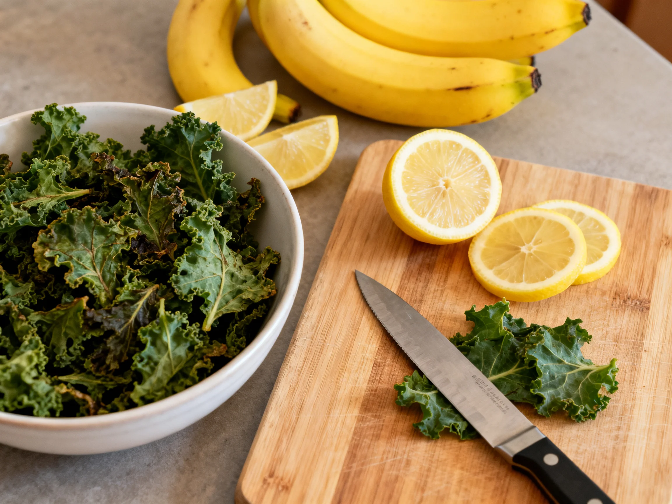 Fresh kale chips, bananas, and sliced lemons arranged on kitchen counter