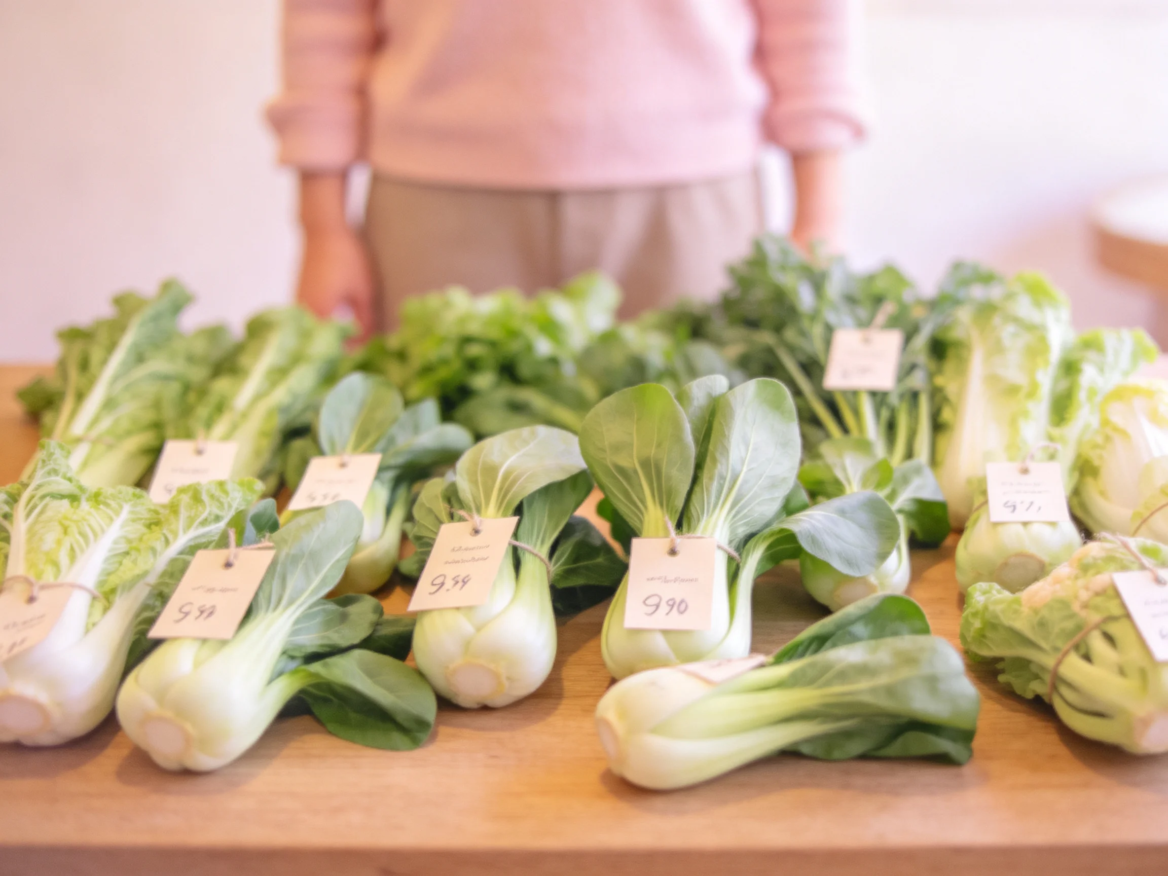Fresh leafy greens displayed with price tags on wooden counter