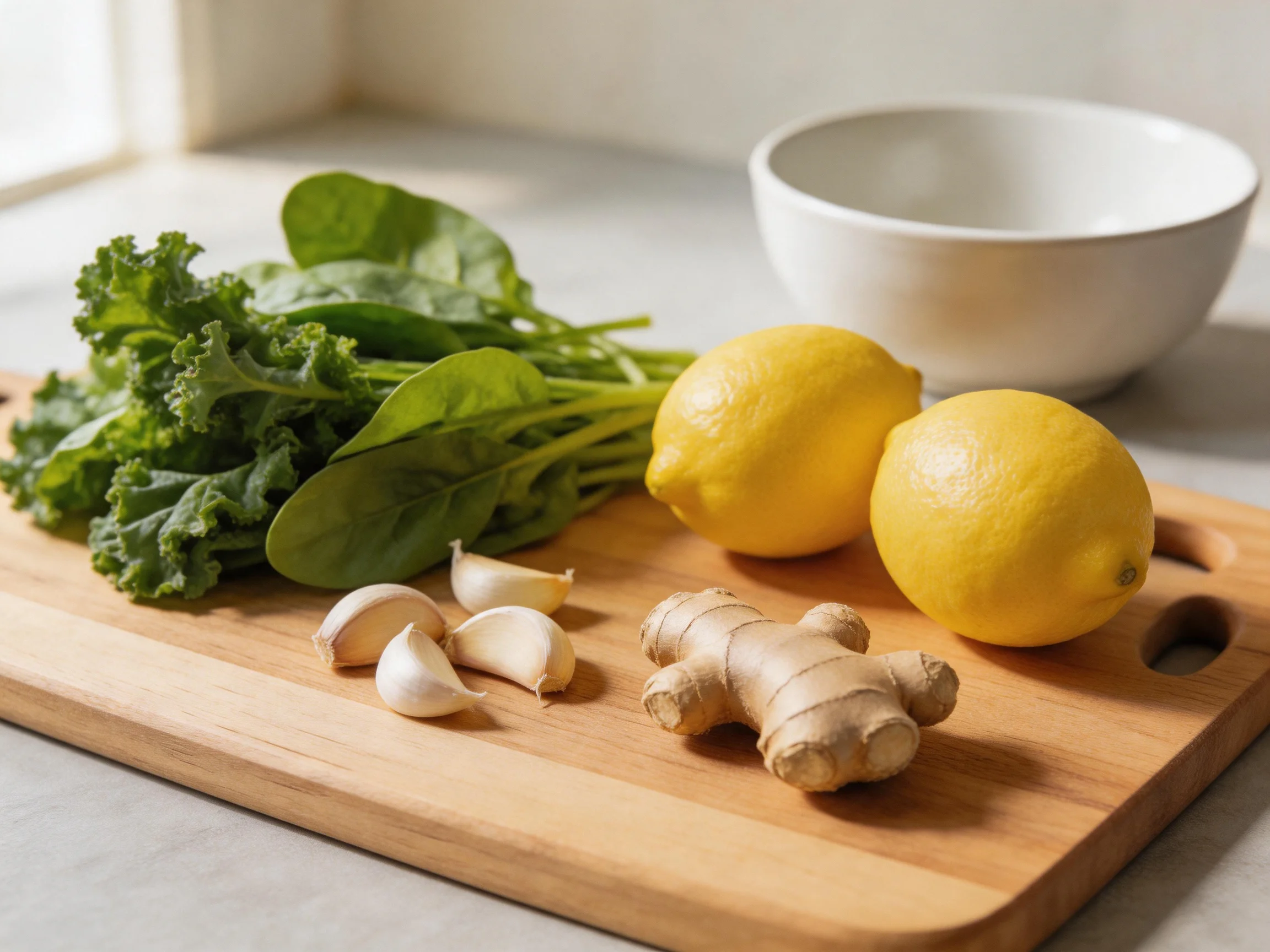 Fresh leafy greens, two lemons, garlic cloves, ginger root, and a white bowl on a wooden cutting boar