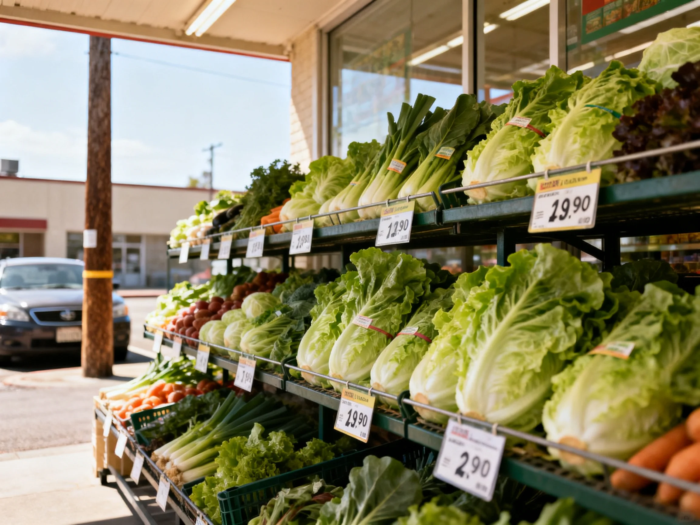 Fresh leafy vegetables and assorted produce on tiered outdoor store shelves