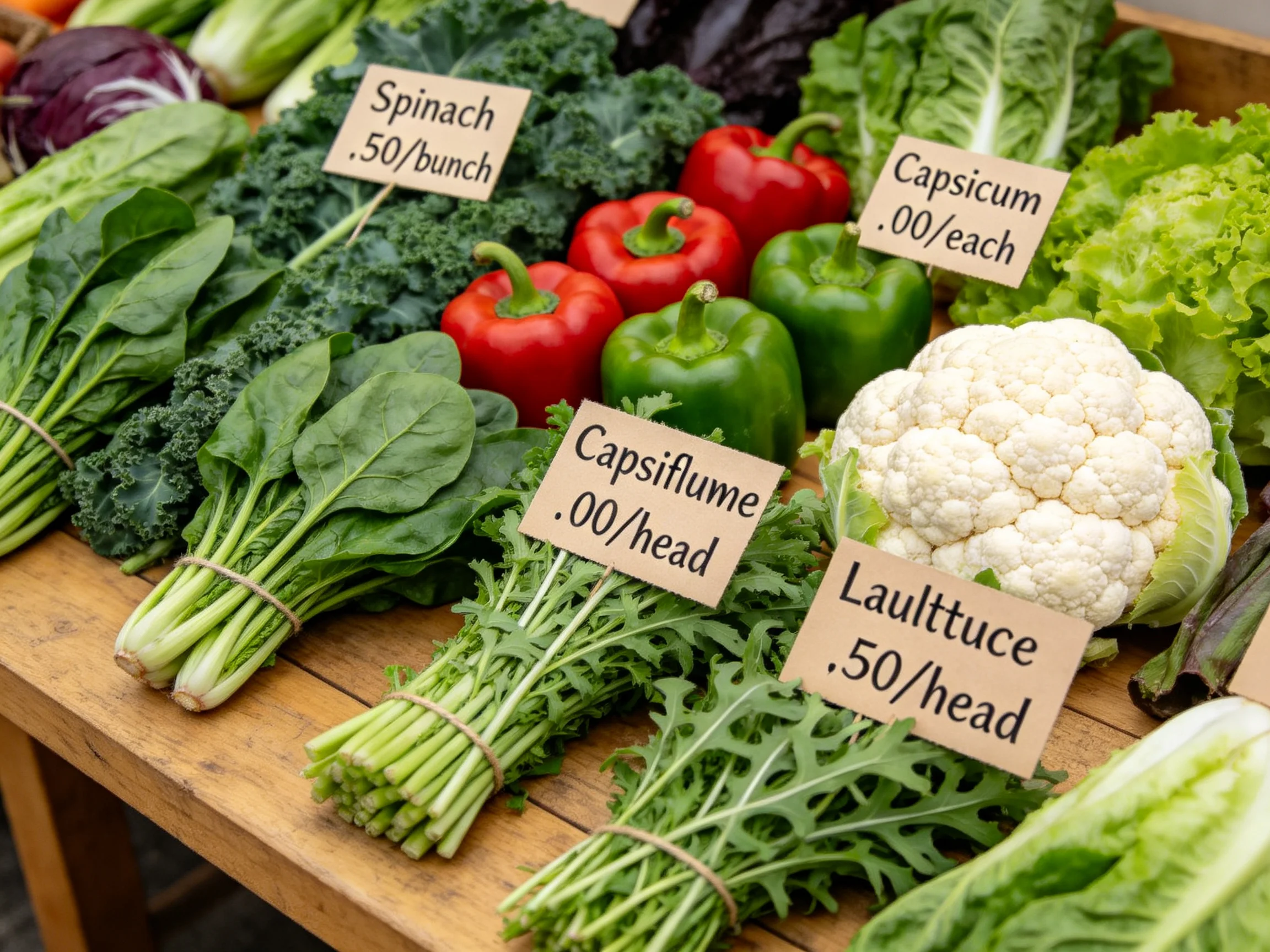 Fresh leafy vegetables and colorful peppers displayed with price signs on a wooden table