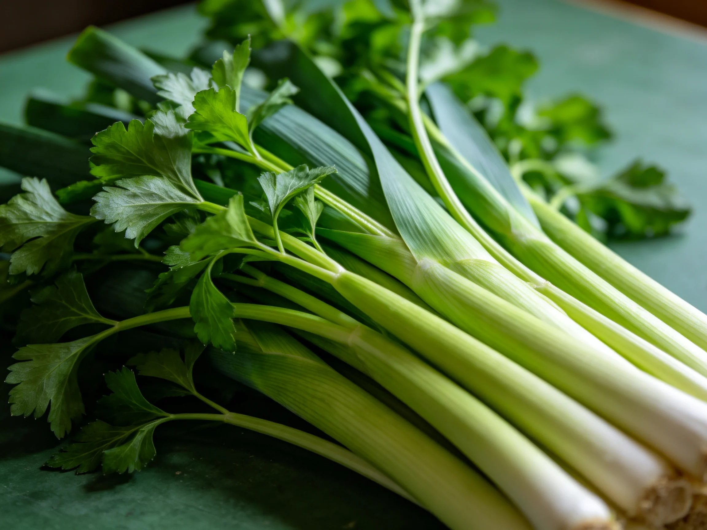 Fresh leeks and parsley arranged on a green cutting board