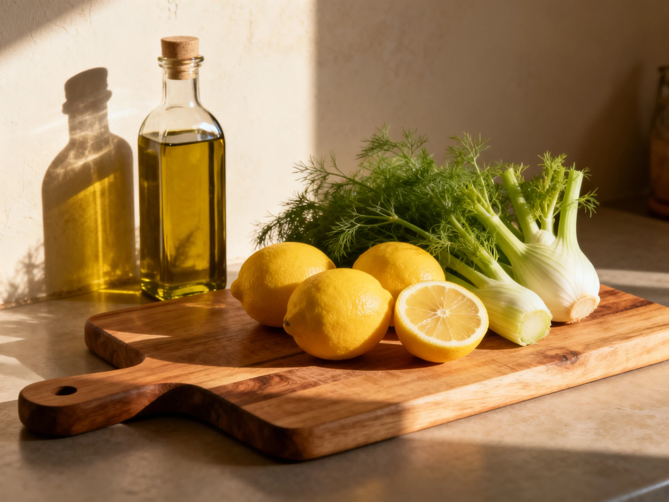 Fresh lemons, fennel, and olive oil bottles on a wooden cutting board