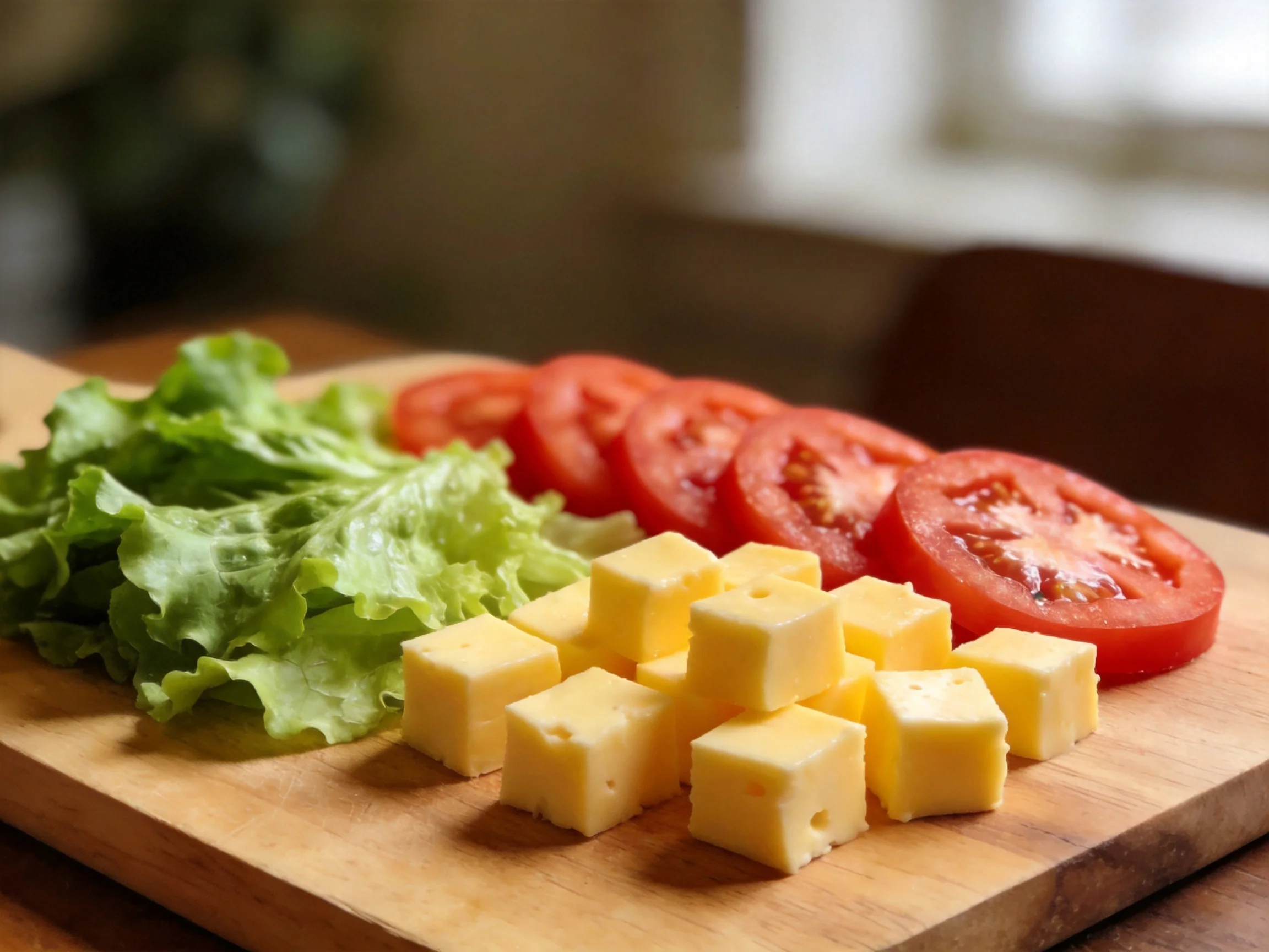 Fresh lettuce, sliced tomatoes, and cubed cheese on a wooden cutting board