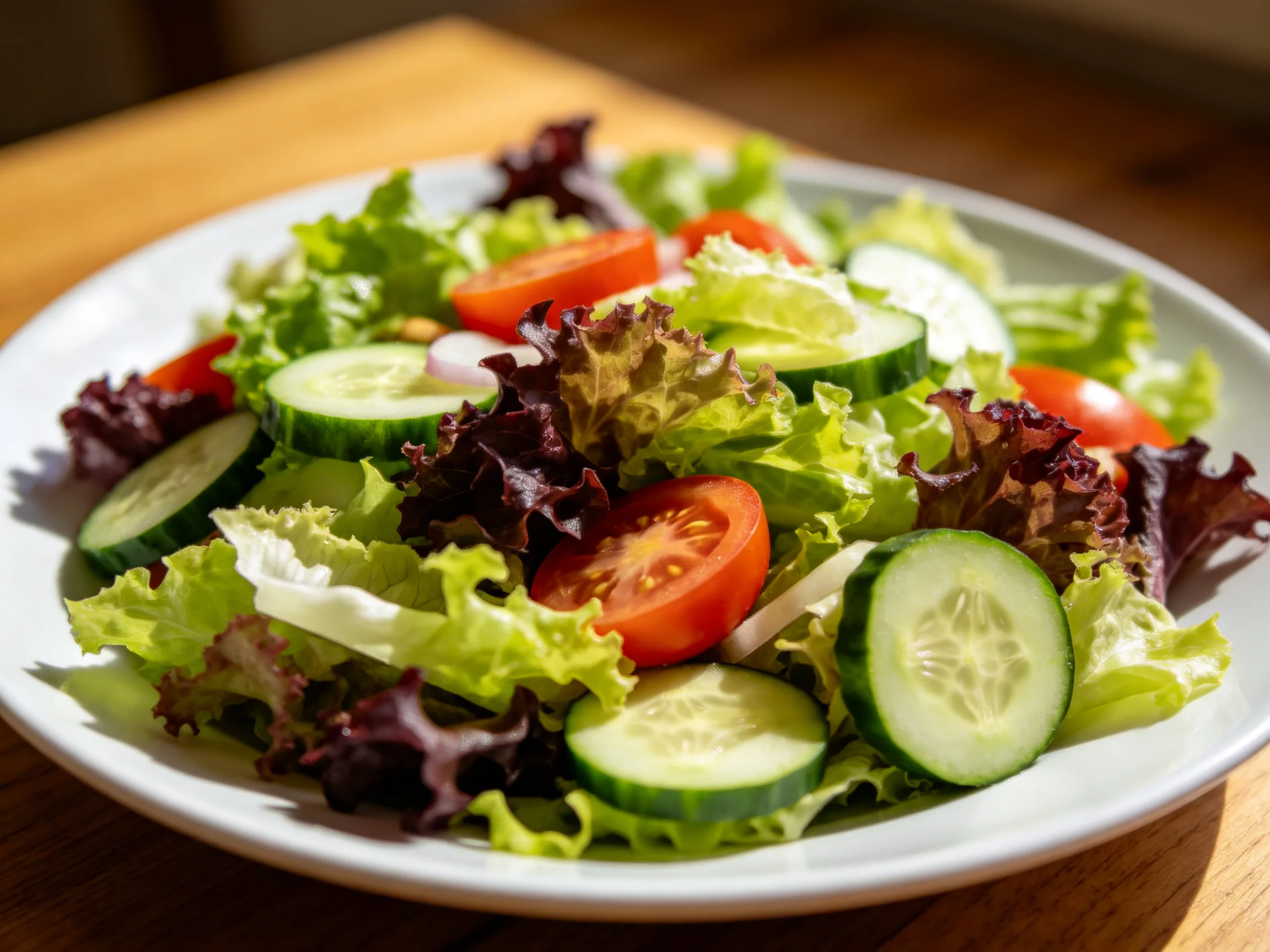 Fresh mixed green salad with cherry tomatoes and cucumber slices
