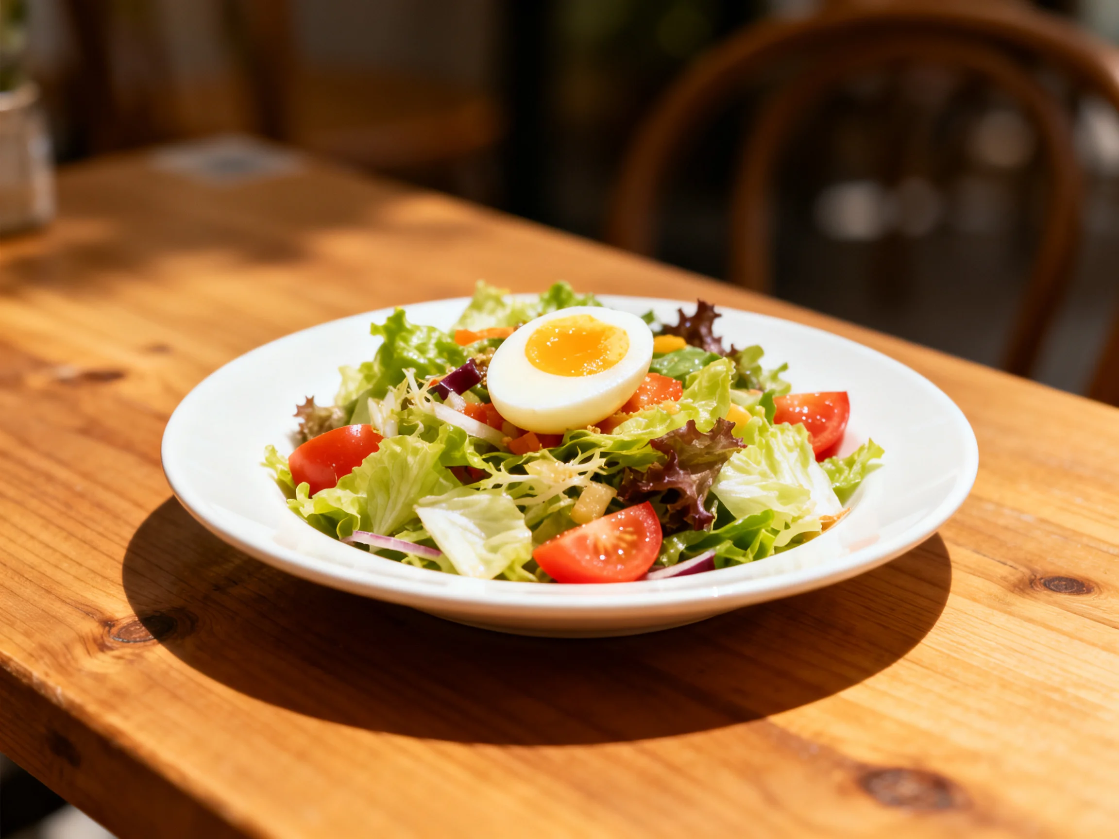 Fresh mixed green salad with cherry tomatoes and hard-boiled egg
