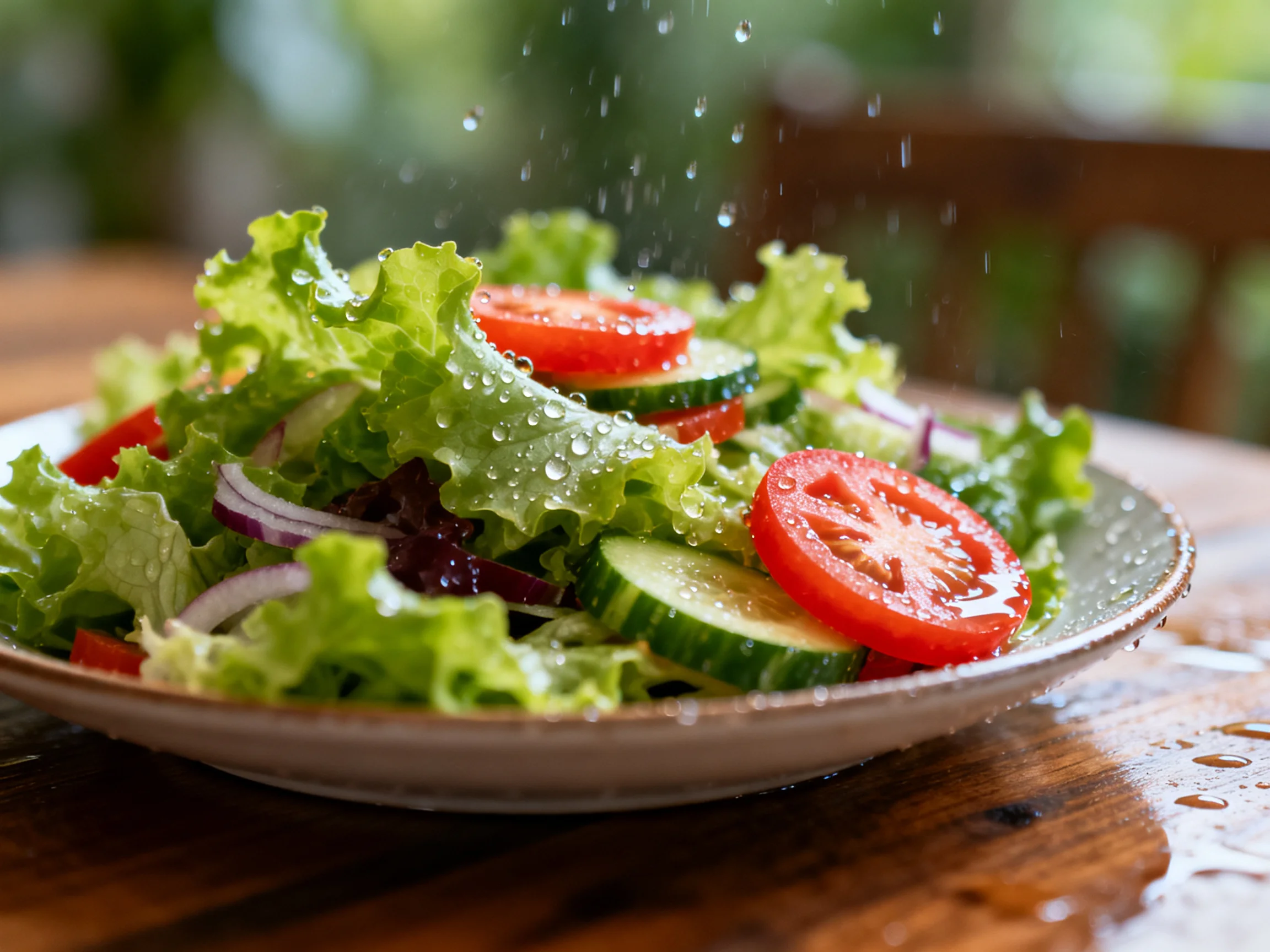 Fresh mixed green salad with tomato, cucumber, onion, and water droplets