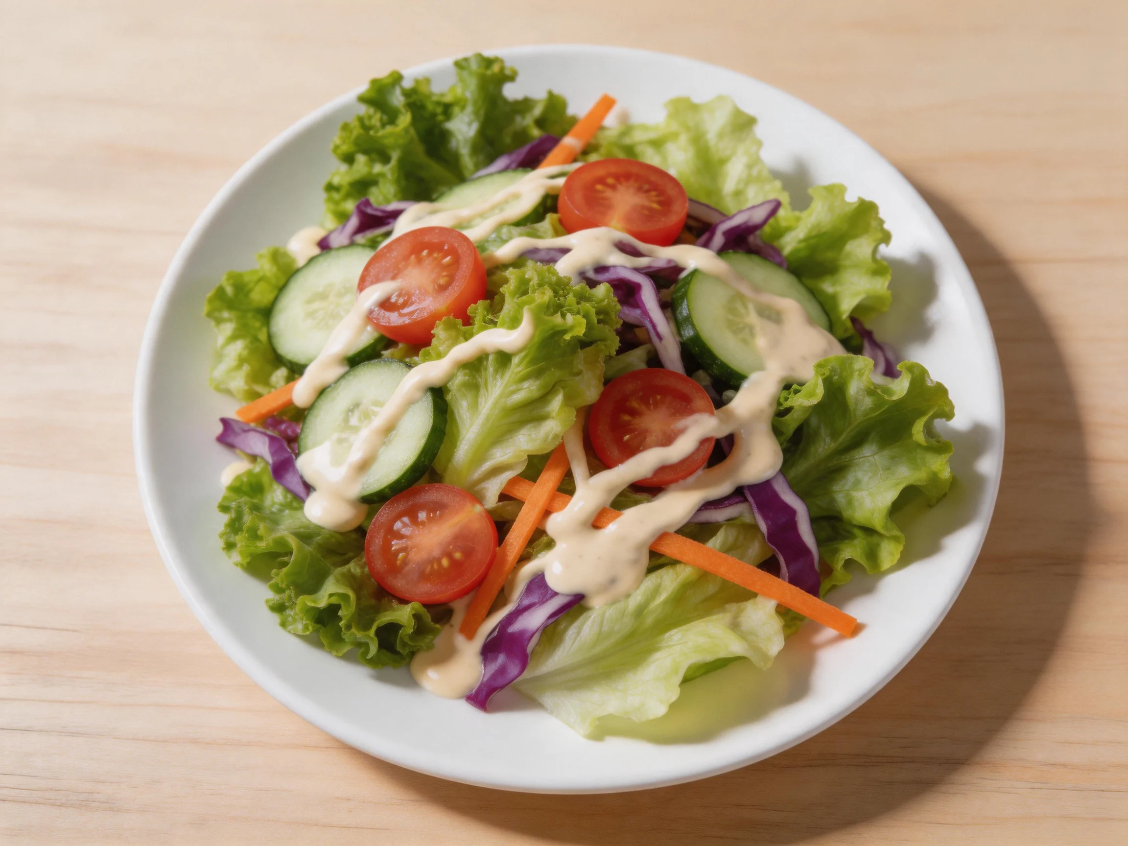Fresh mixed greens salad with cherry tomatoes, cucumber, carrot strips, purple cabbage, and creamy dr