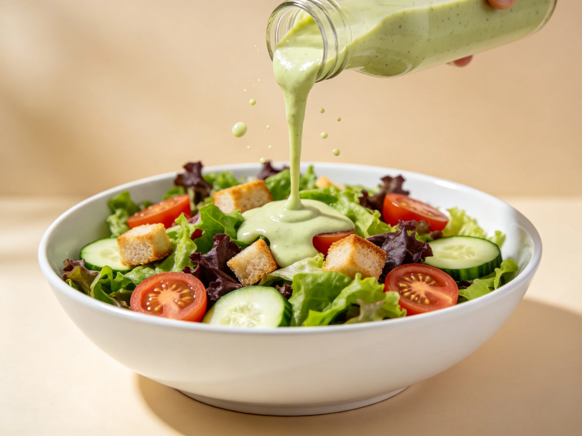 Fresh mixed greens salad with croutons, tomatoes, cucumbers, and dressing poured