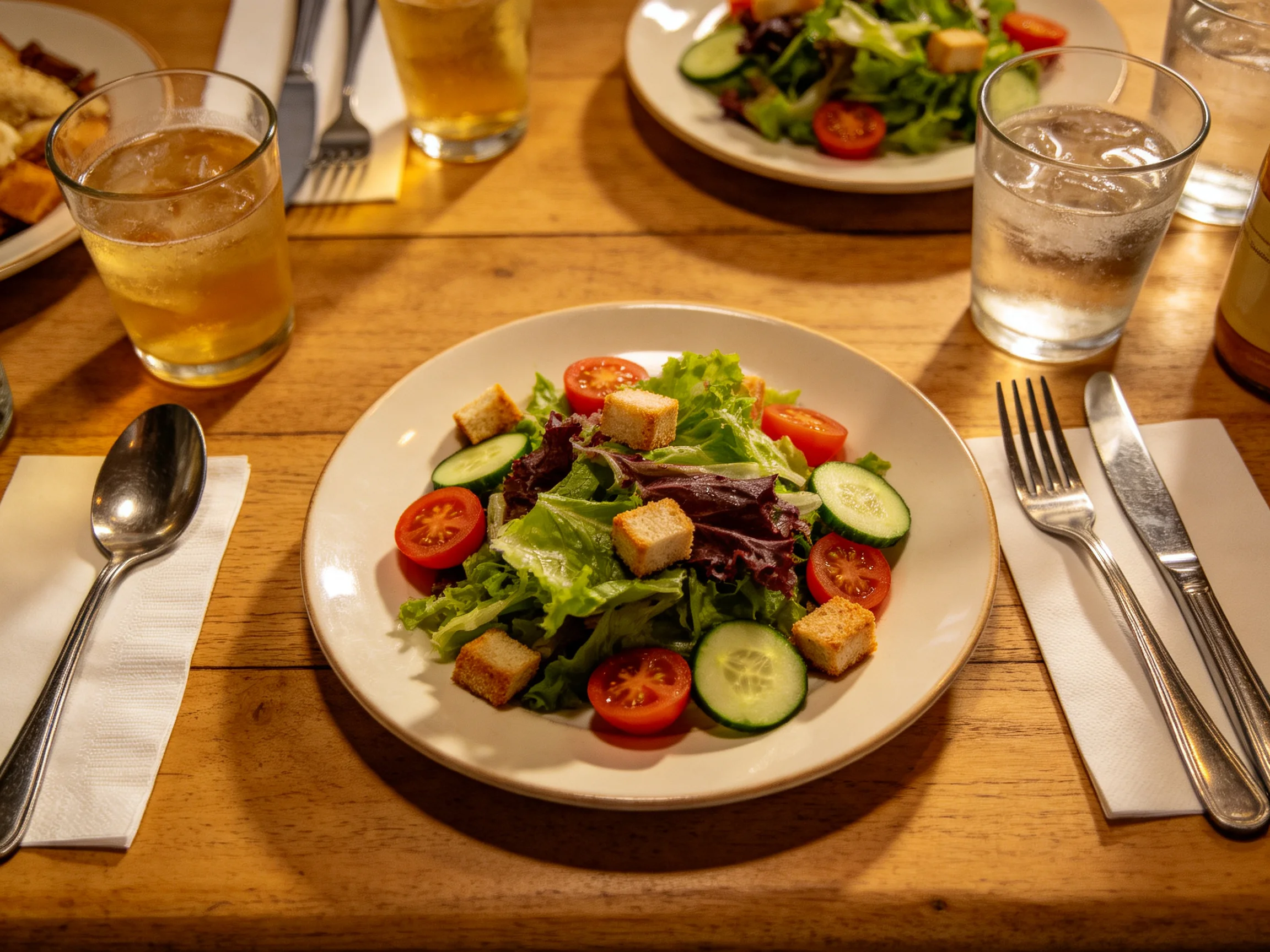 Fresh mixed greens salad with croutons, tomatoes, cucumbers on a white plate