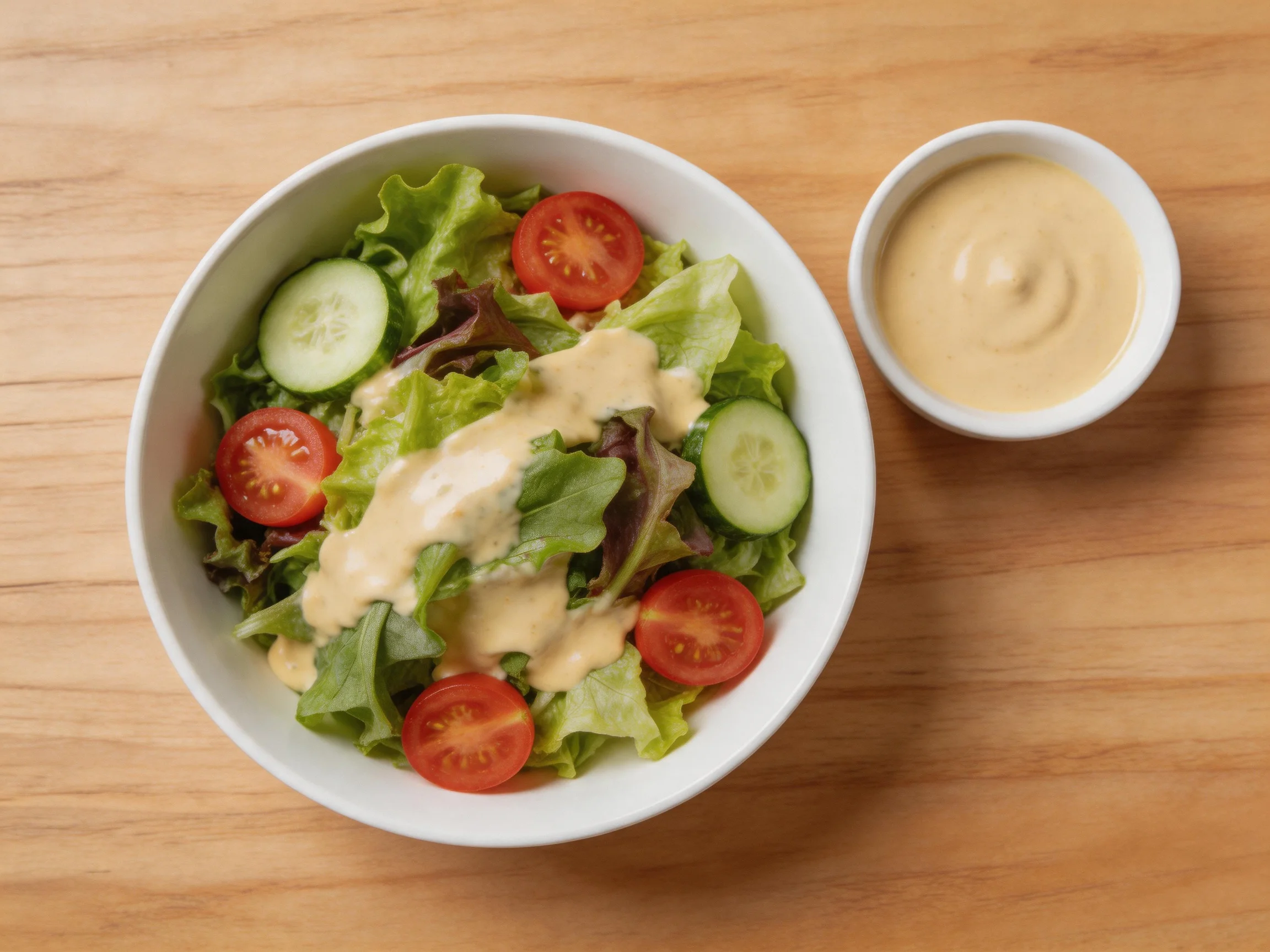 Fresh mixed greens salad with tomatoes, cucumbers, and dressing