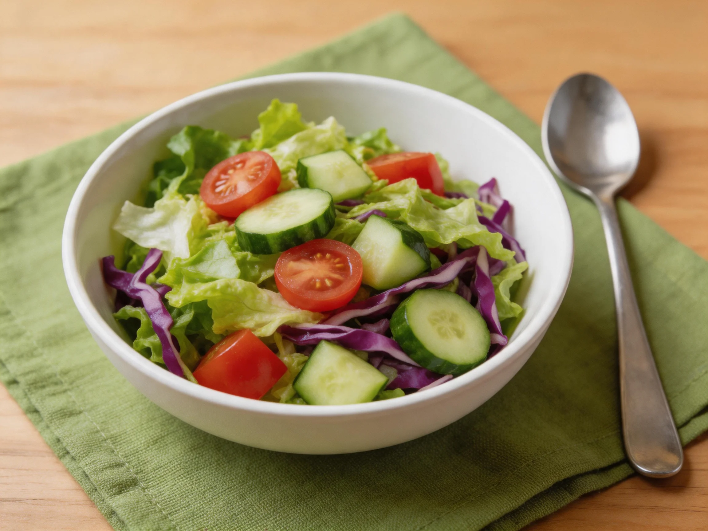 Fresh mixed greens salad with tomatoes, cucumbers, and purple cabbage in a white bowl