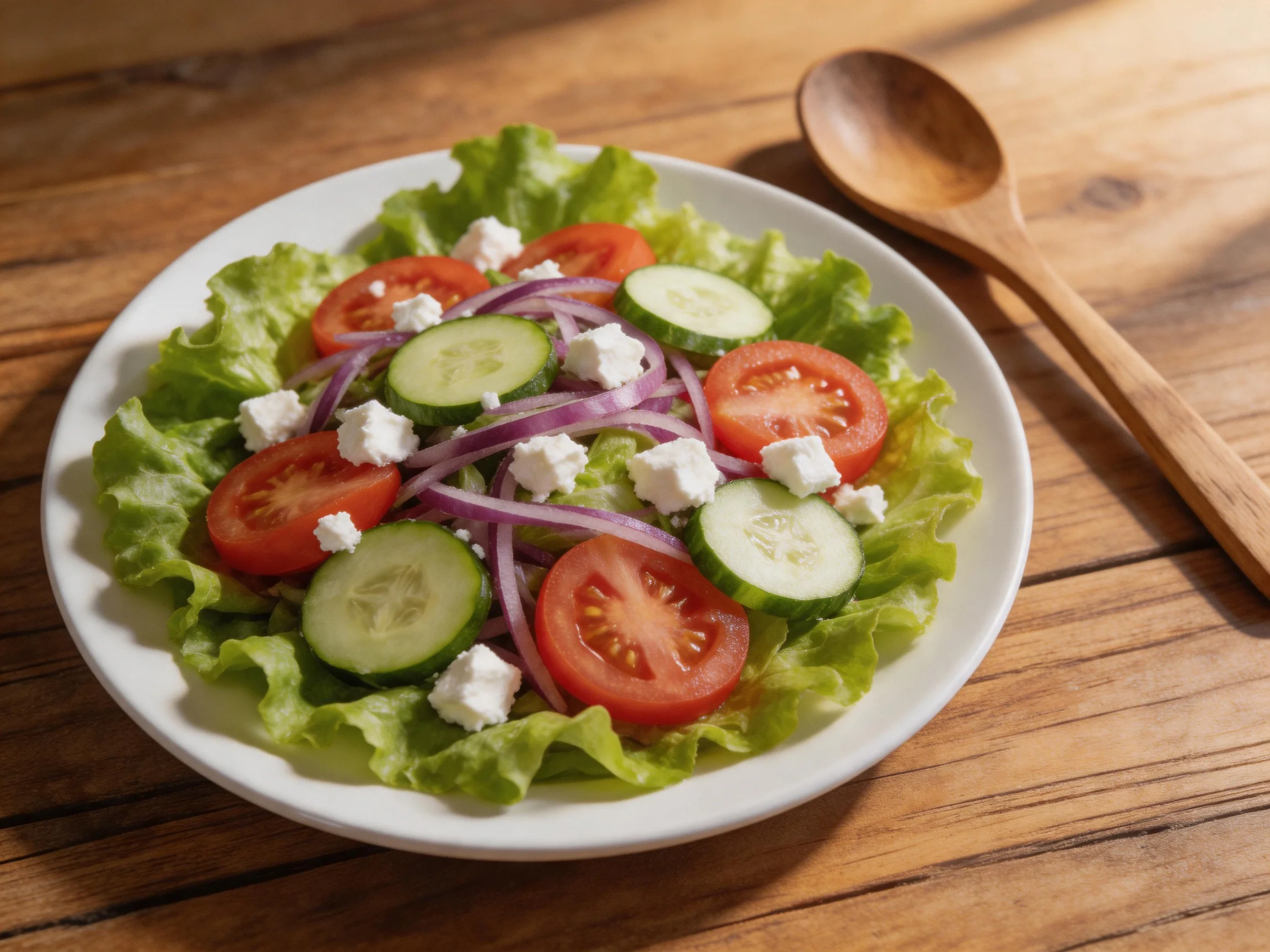 Fresh mixed greens salad with tomatoes, cucumbers, red onions, and feta