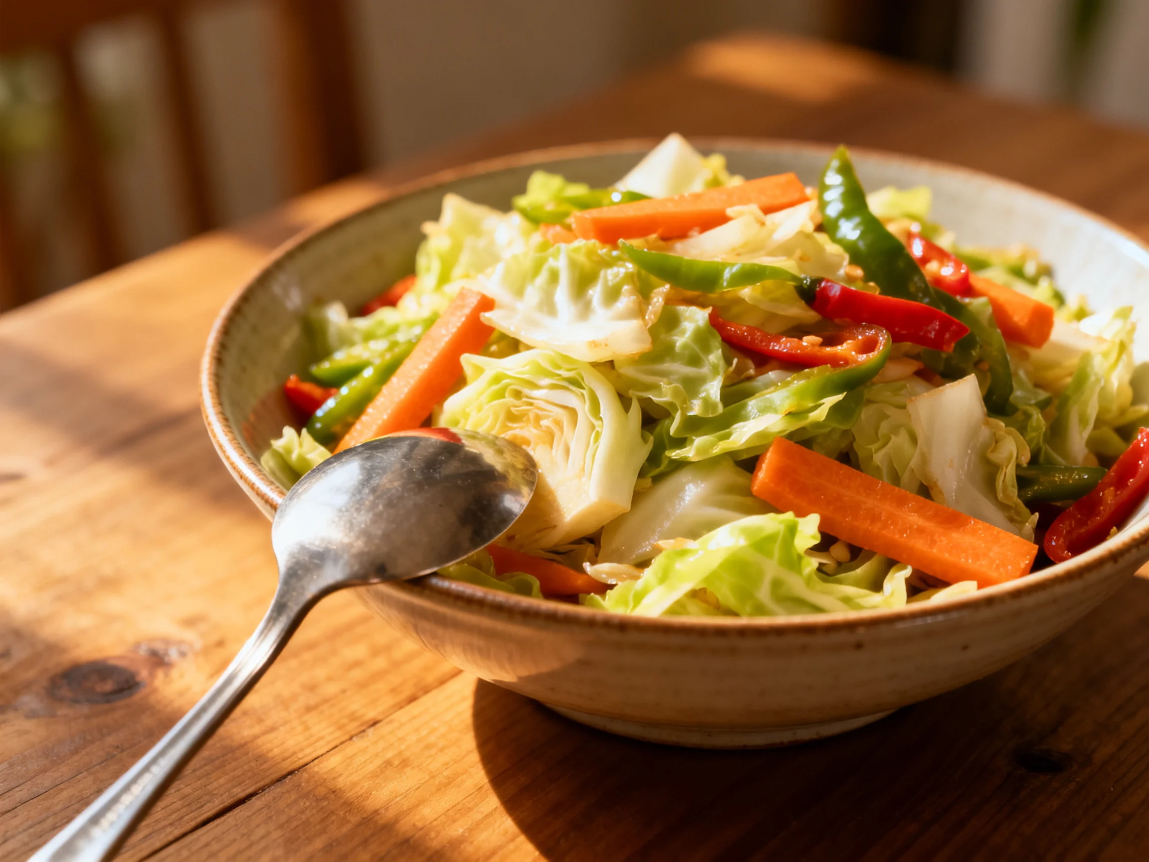 Fresh mixed vegetable salad with cabbage, carrots, and peppers in ceramic bowl