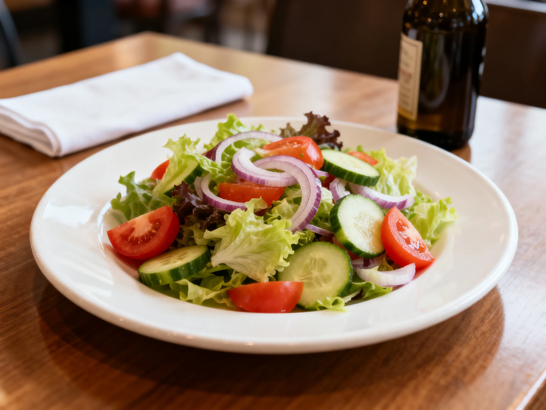 Fresh mixed vegetable salad with tomatoes, cucumbers, red onions, and lettuce on a white plate
