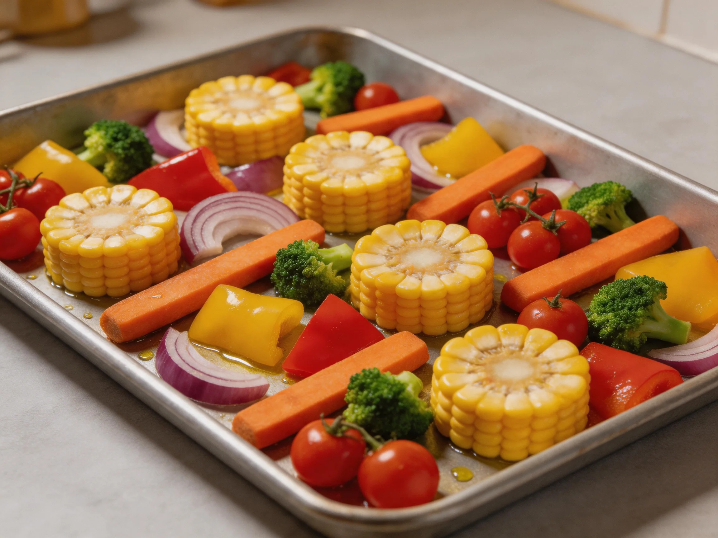 Fresh mixed vegetables including corn, carrots, broccoli, and peppers on a baking tray