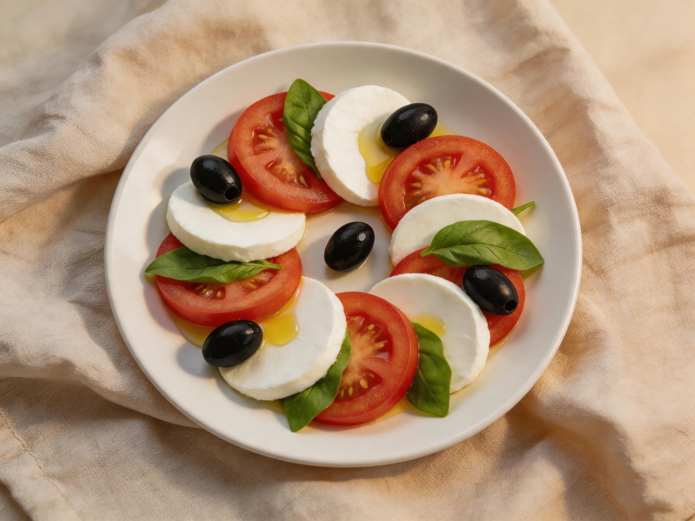 Fresh mozzarella, tomato, olive, and basil salad arranged on white plate