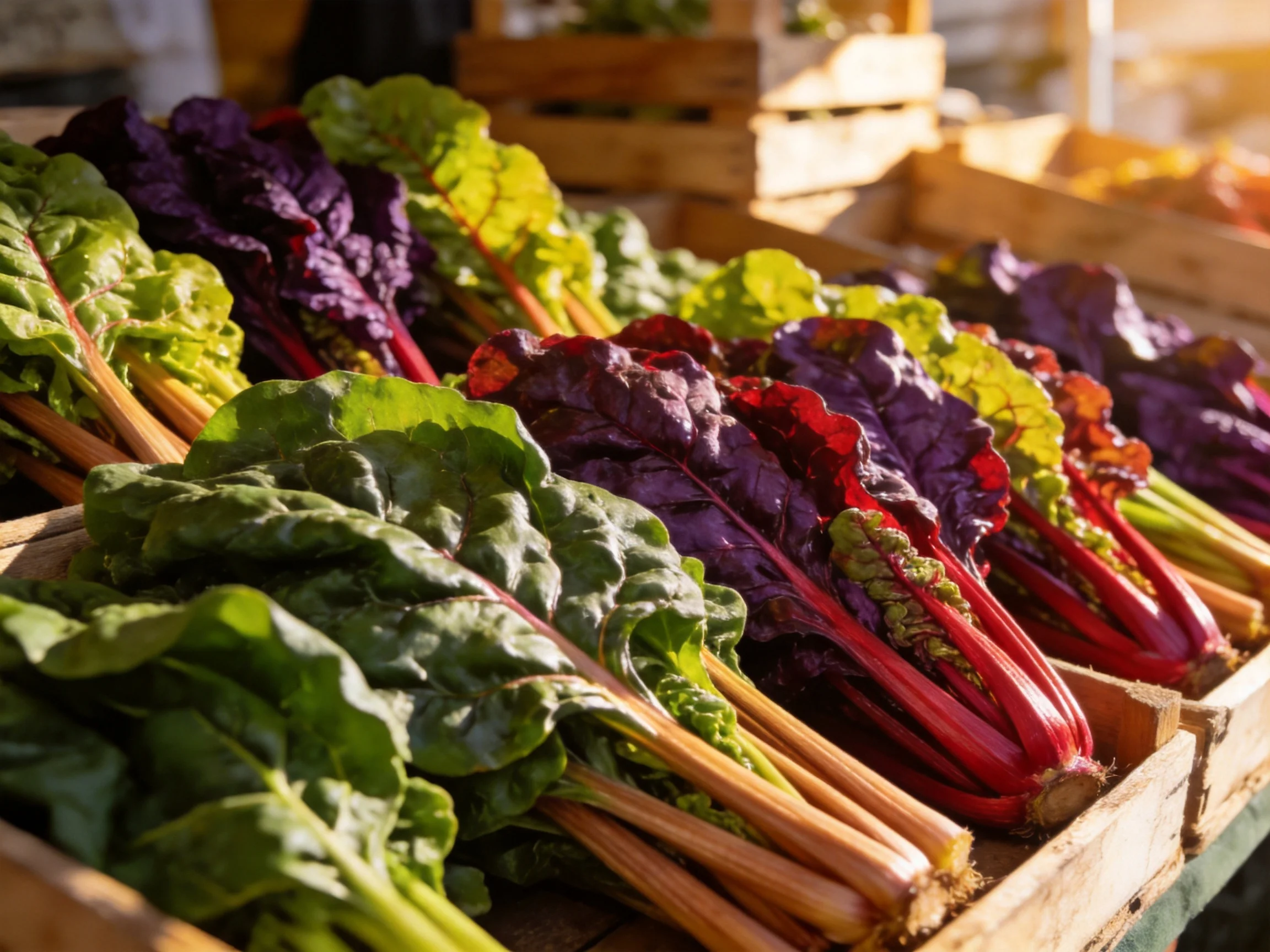 Fresh multicolored chard bundles arranged in wooden crates