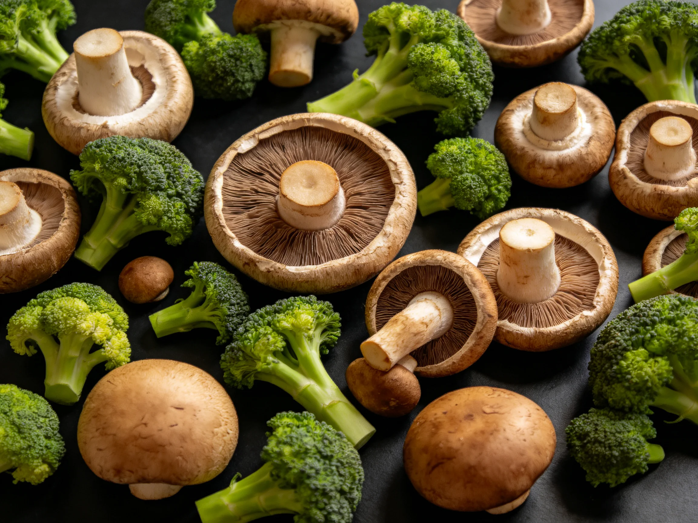 Fresh mushrooms and vibrant broccoli scattered on a dark surface