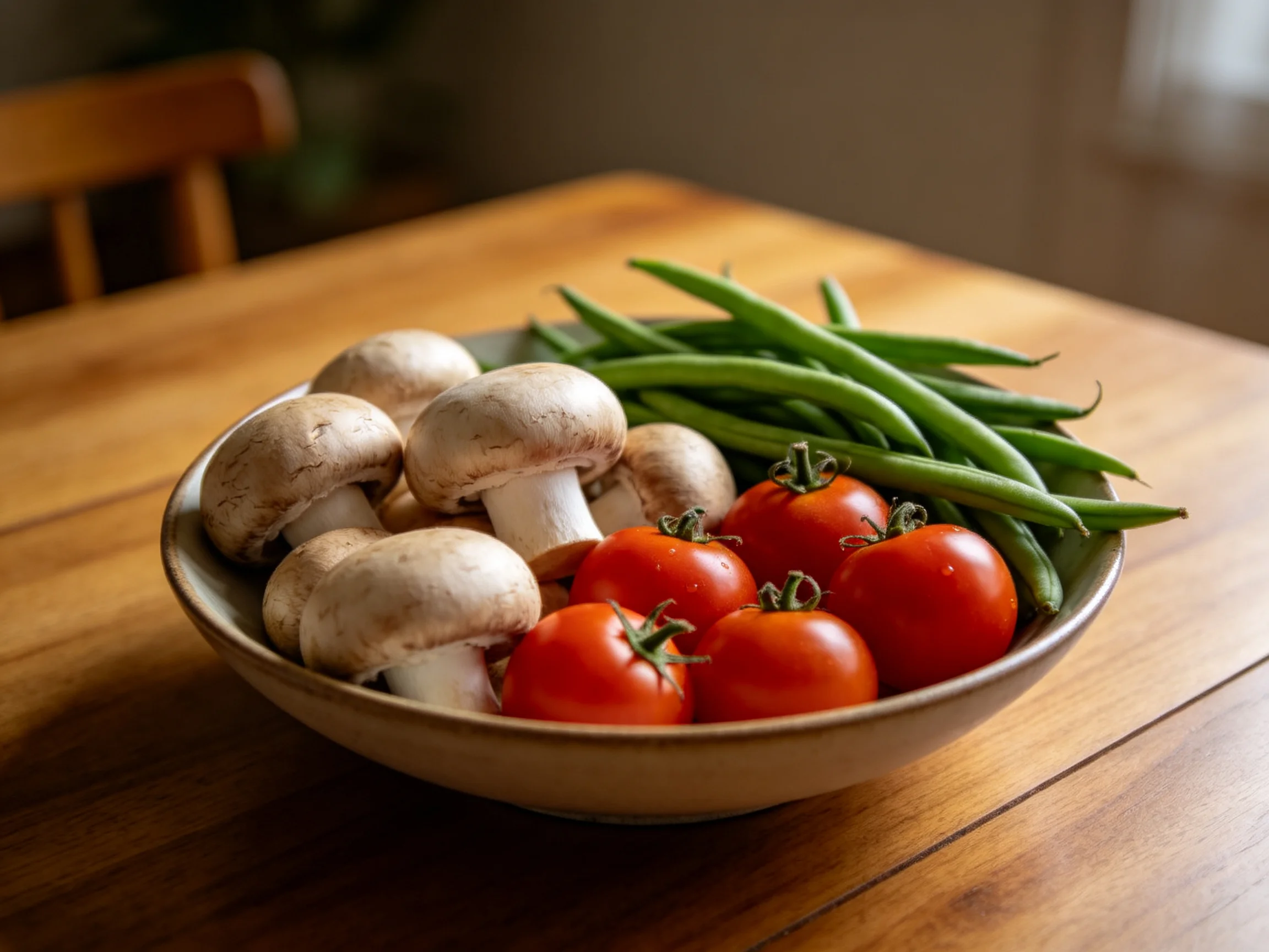 Fresh mushrooms, cherry tomatoes, and green beans in a bowl on a wooden table