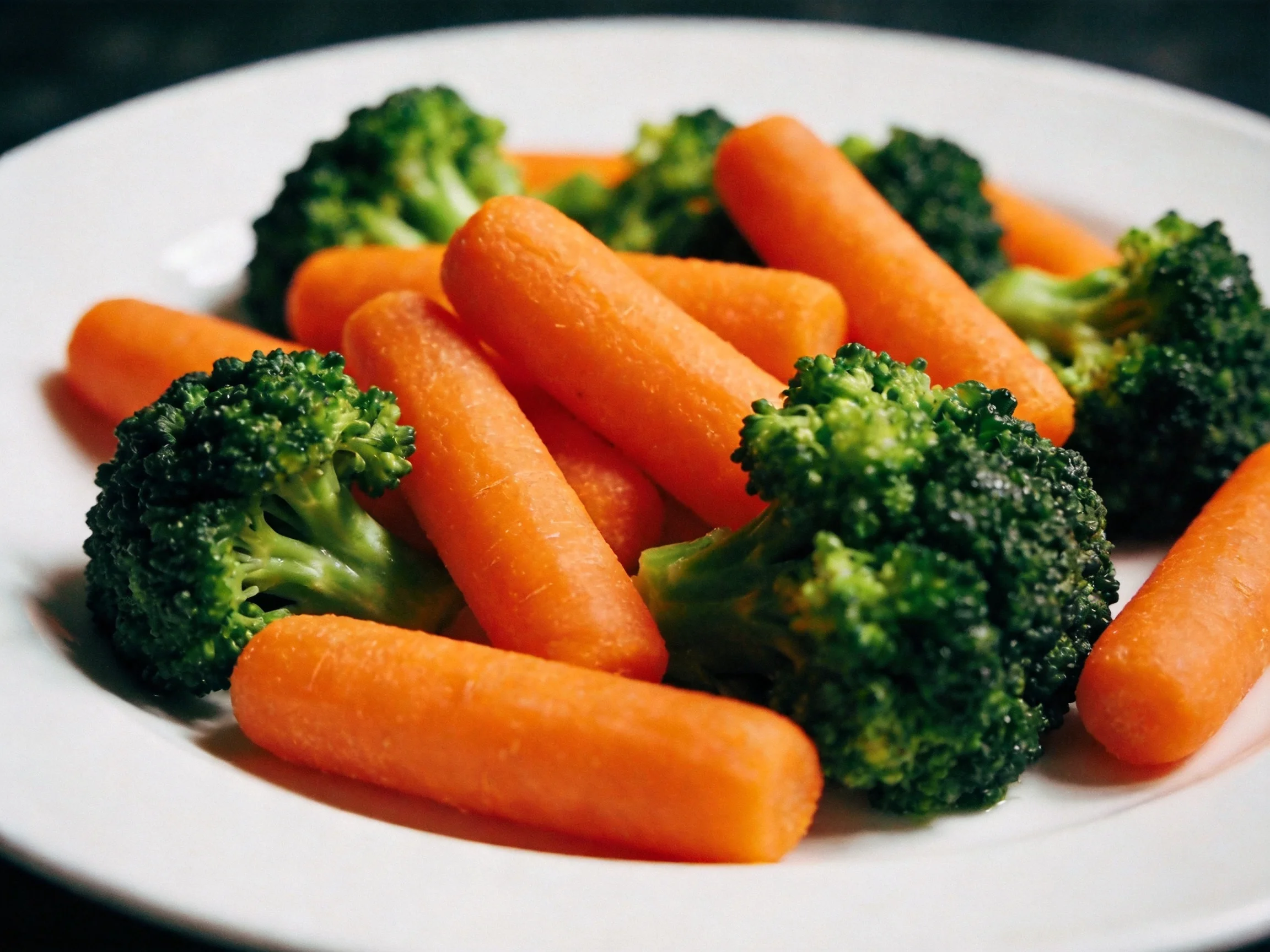 Fresh orange baby carrots and green broccoli on a white plate
