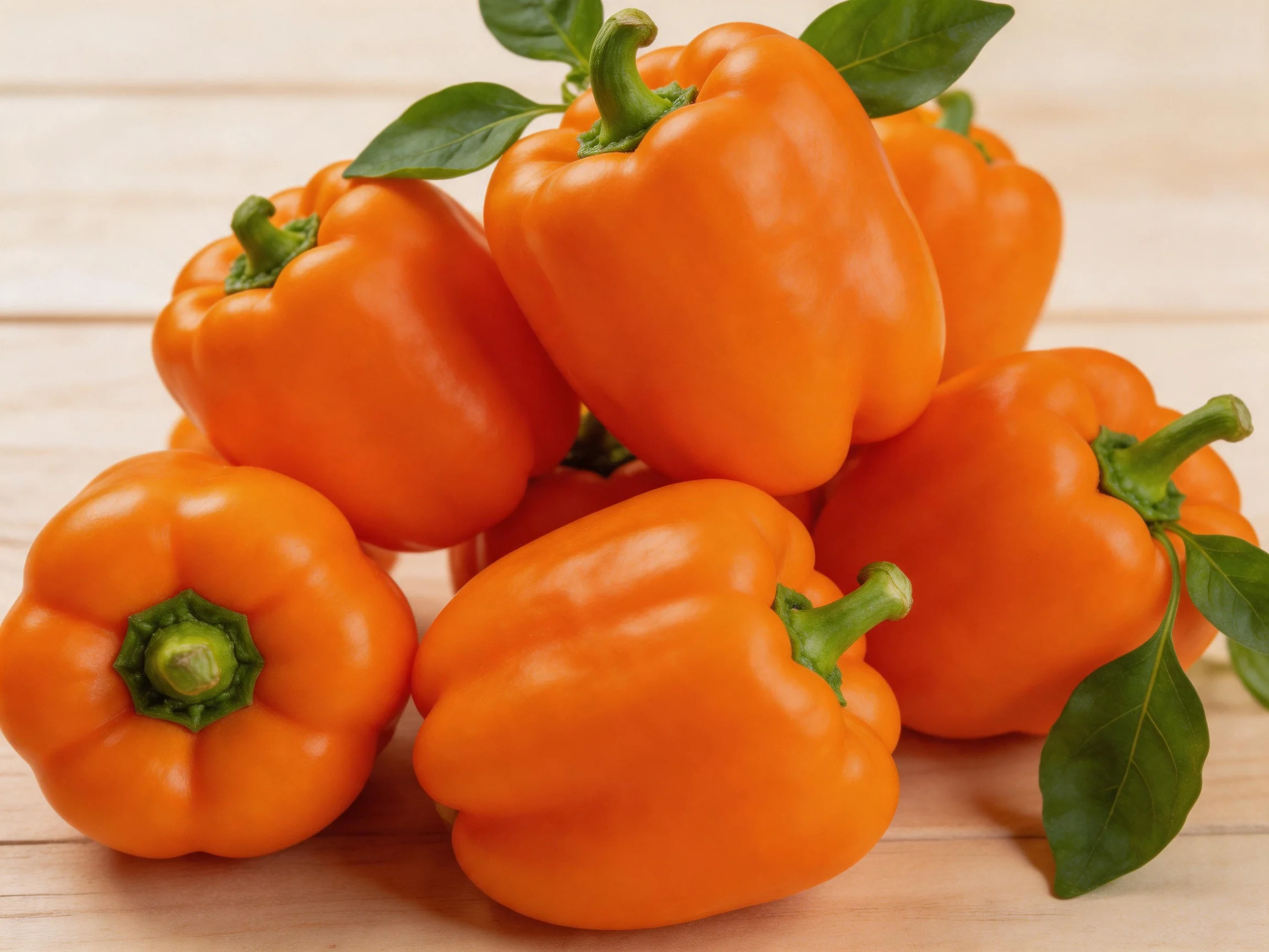 Fresh orange bell peppers arranged with green leaves on a light wooden surface