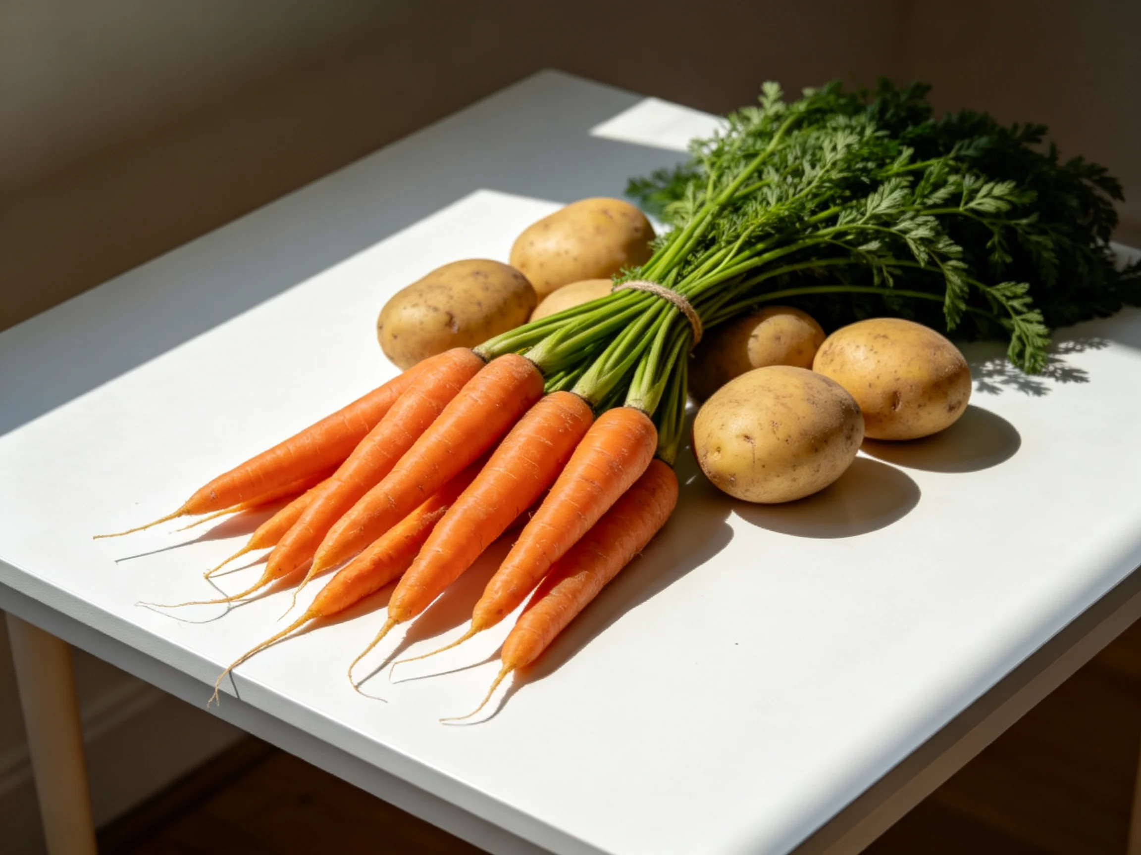 Fresh orange carrots and brown potatoes are arranged on a white table.
