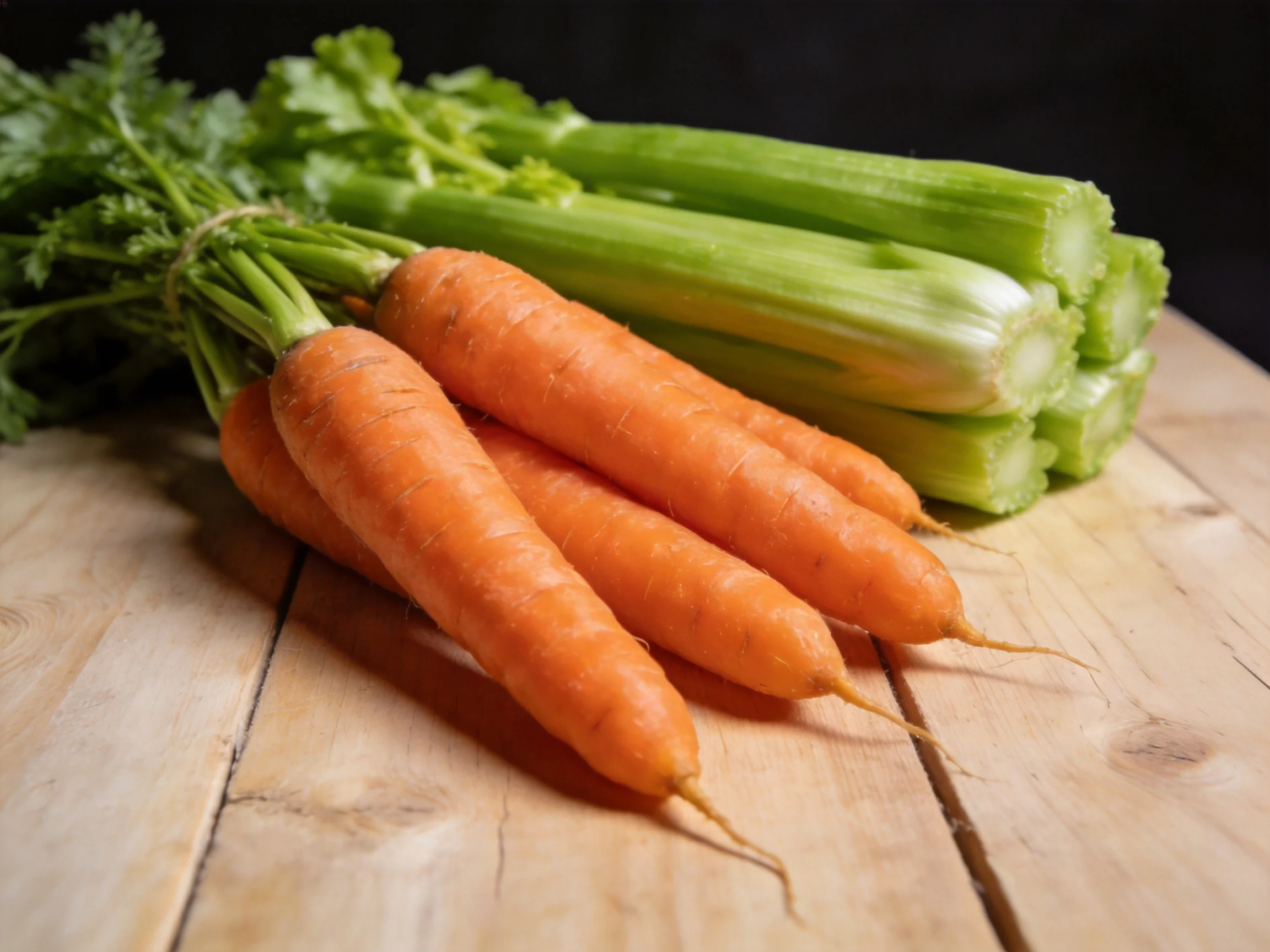 Fresh orange carrots and crisp green celery arranged on a wooden surface