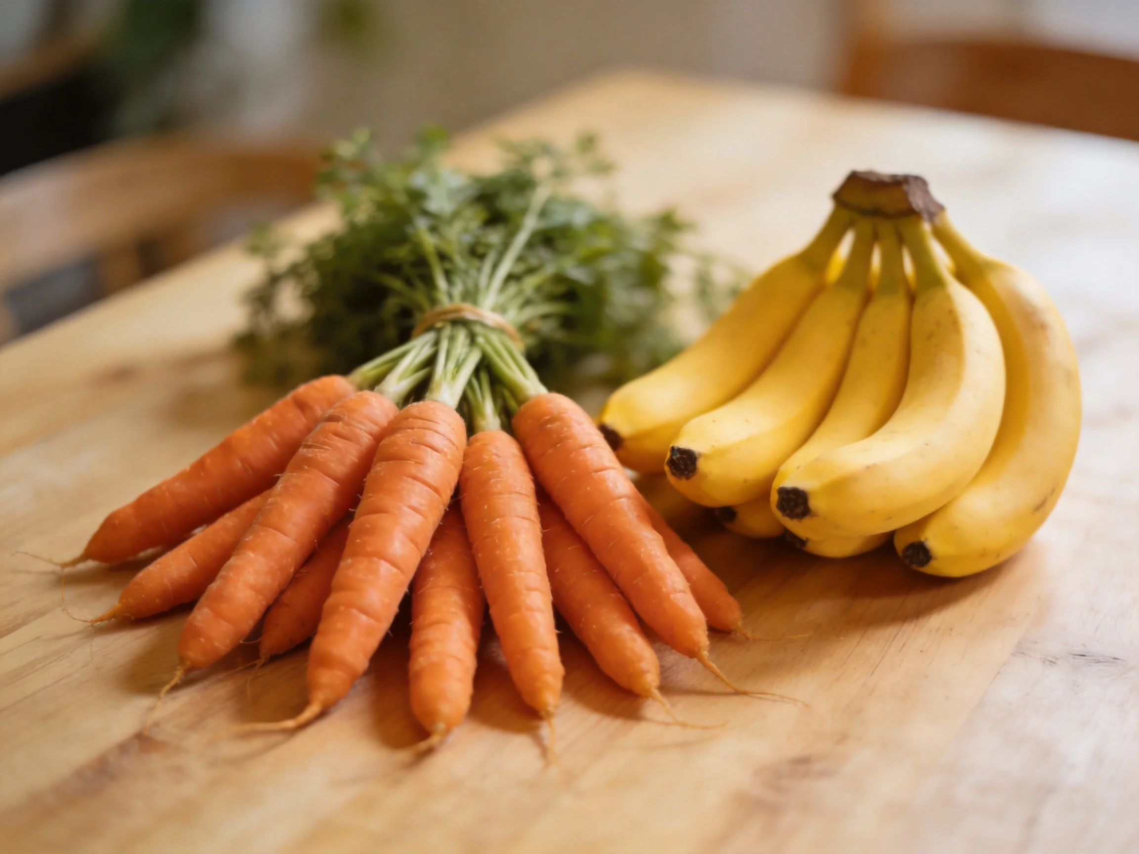 Fresh orange carrots and ripe yellow bananas on a wooden table