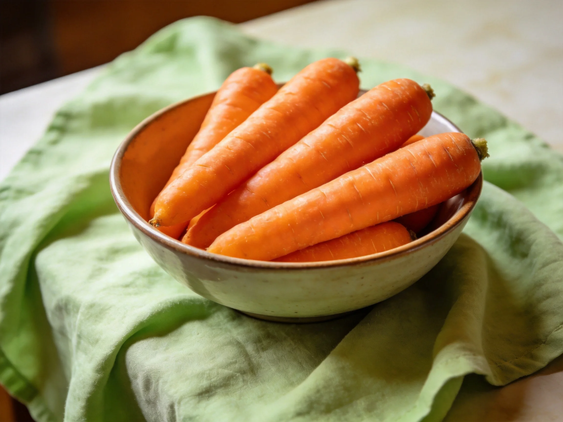 Fresh orange carrots arranged in a ceramic bowl on a light green cloth