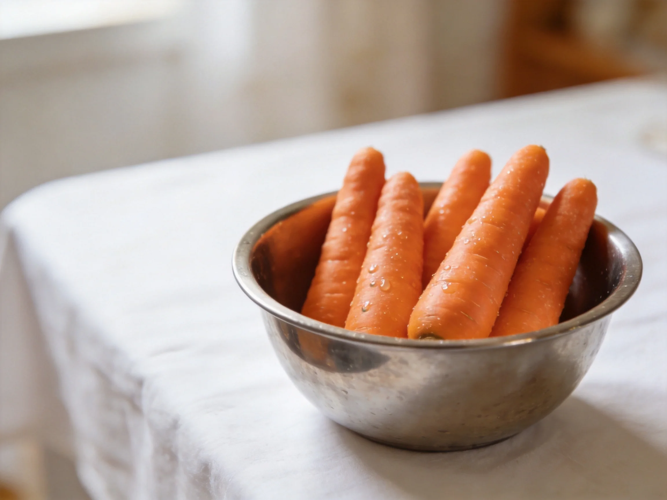 Fresh orange carrots arranged in a metallic bowl on a white cloth-covered surface