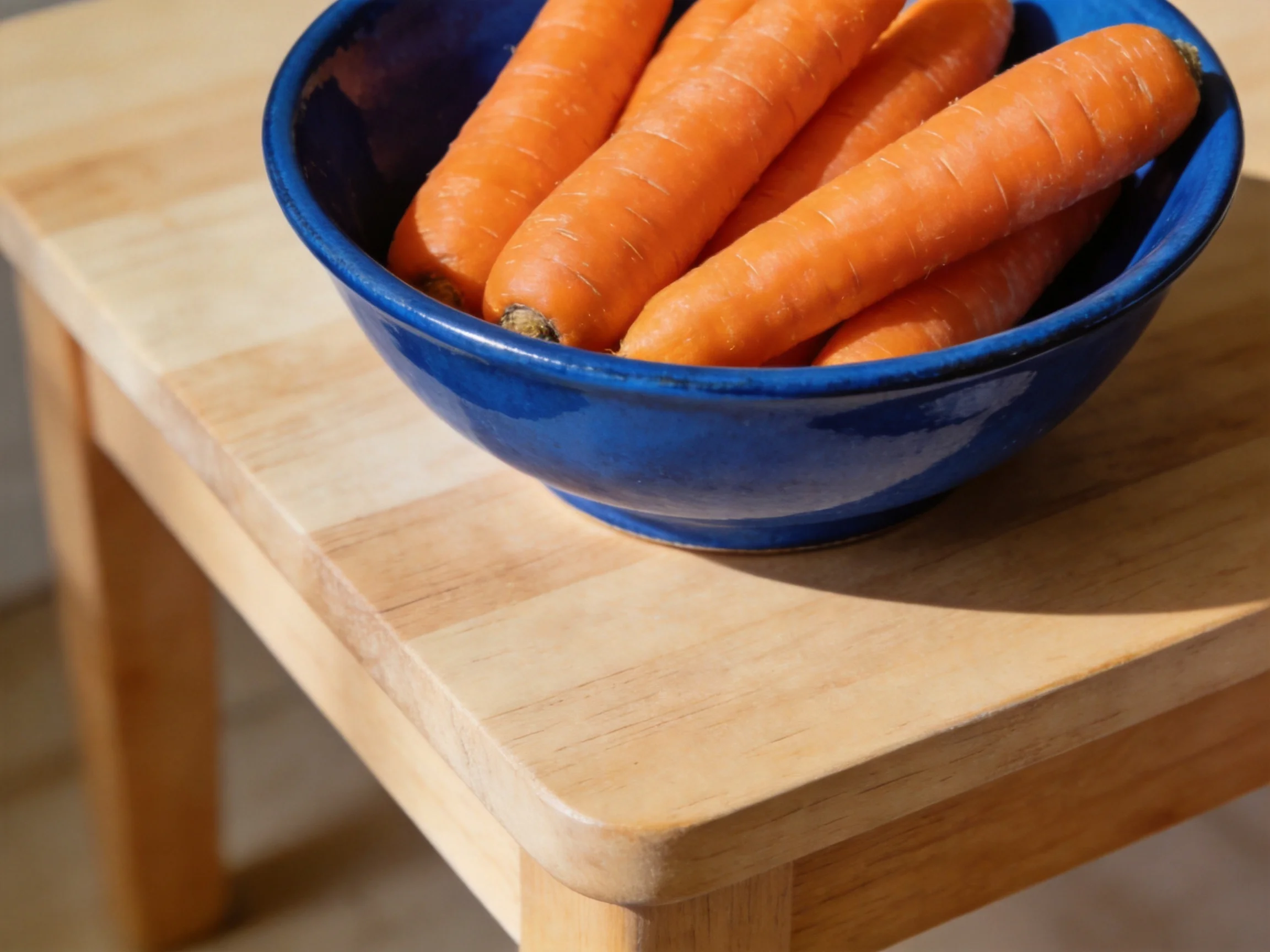 Fresh orange carrots in a blue bowl on a wooden table