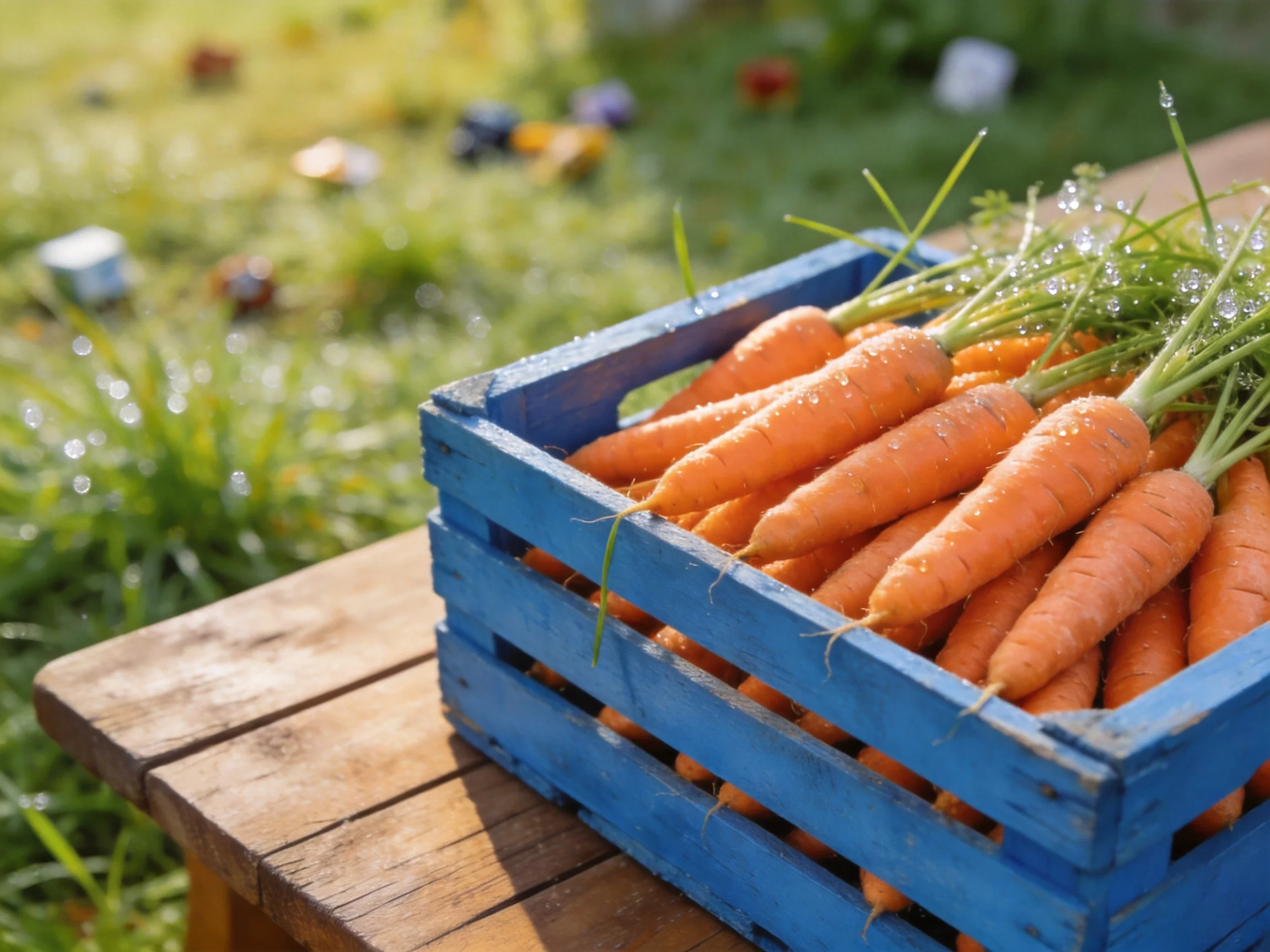 Fresh orange carrots in a blue wooden crate on an outdoor wooden table