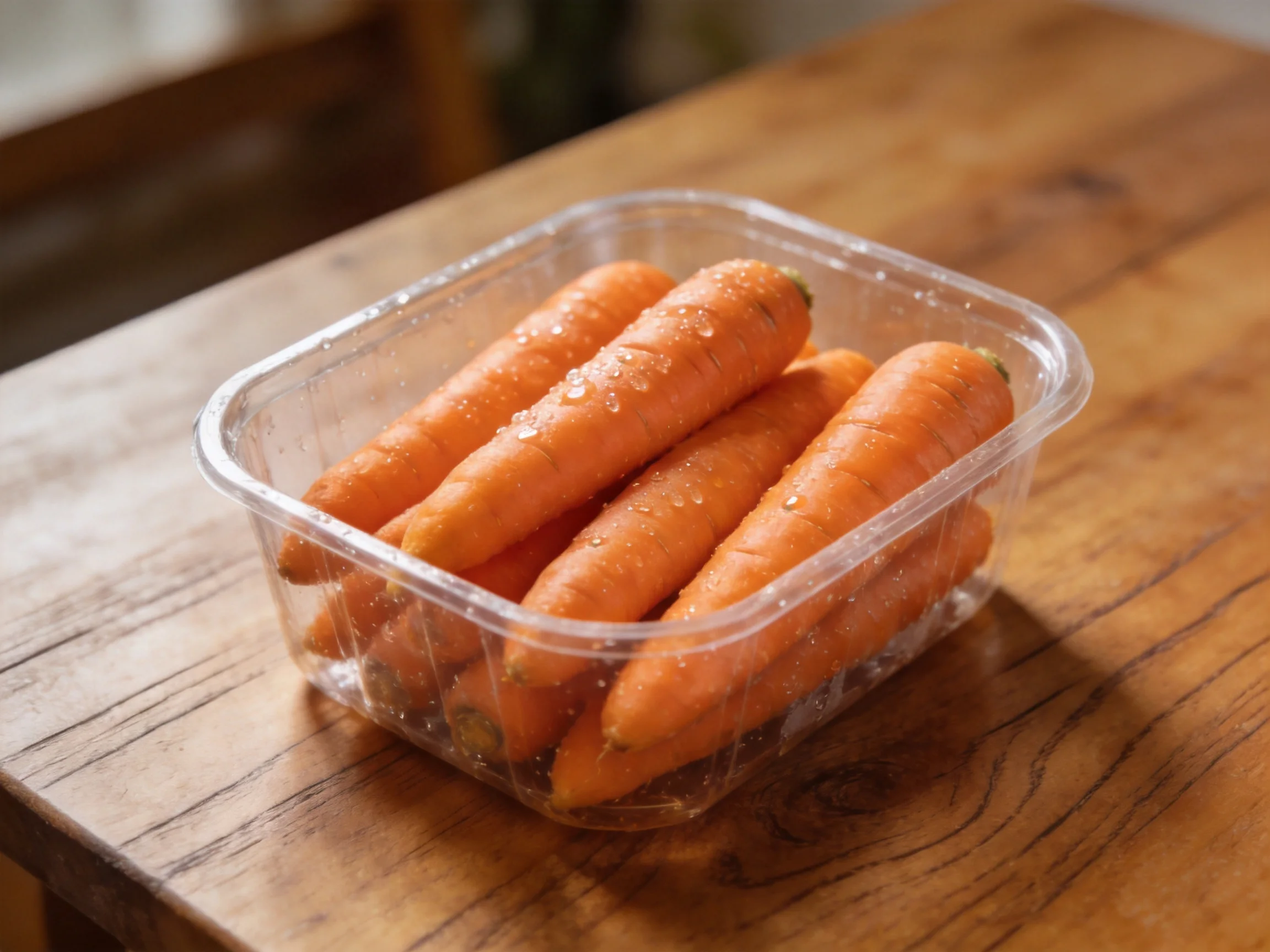 Fresh orange carrots in a clear plastic container on a wooden table