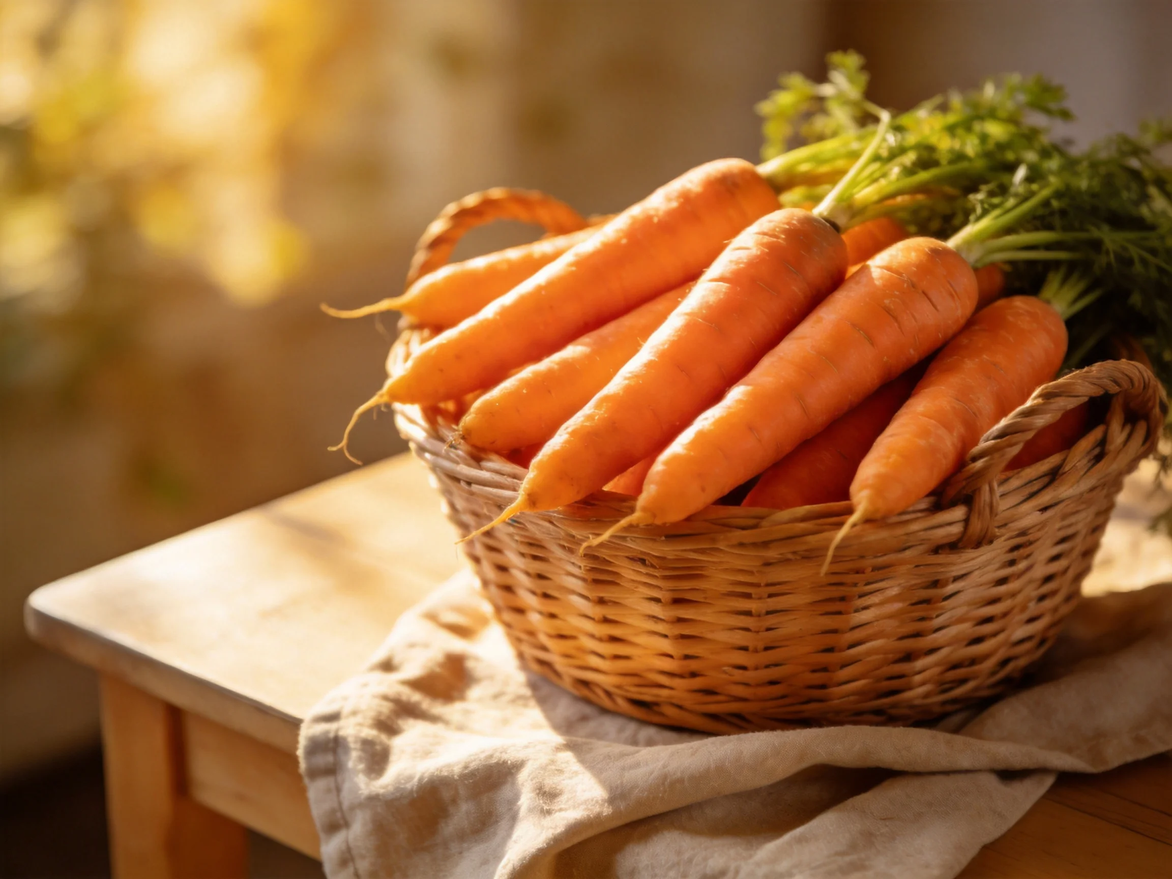 Fresh orange carrots in a woven basket on a wooden table