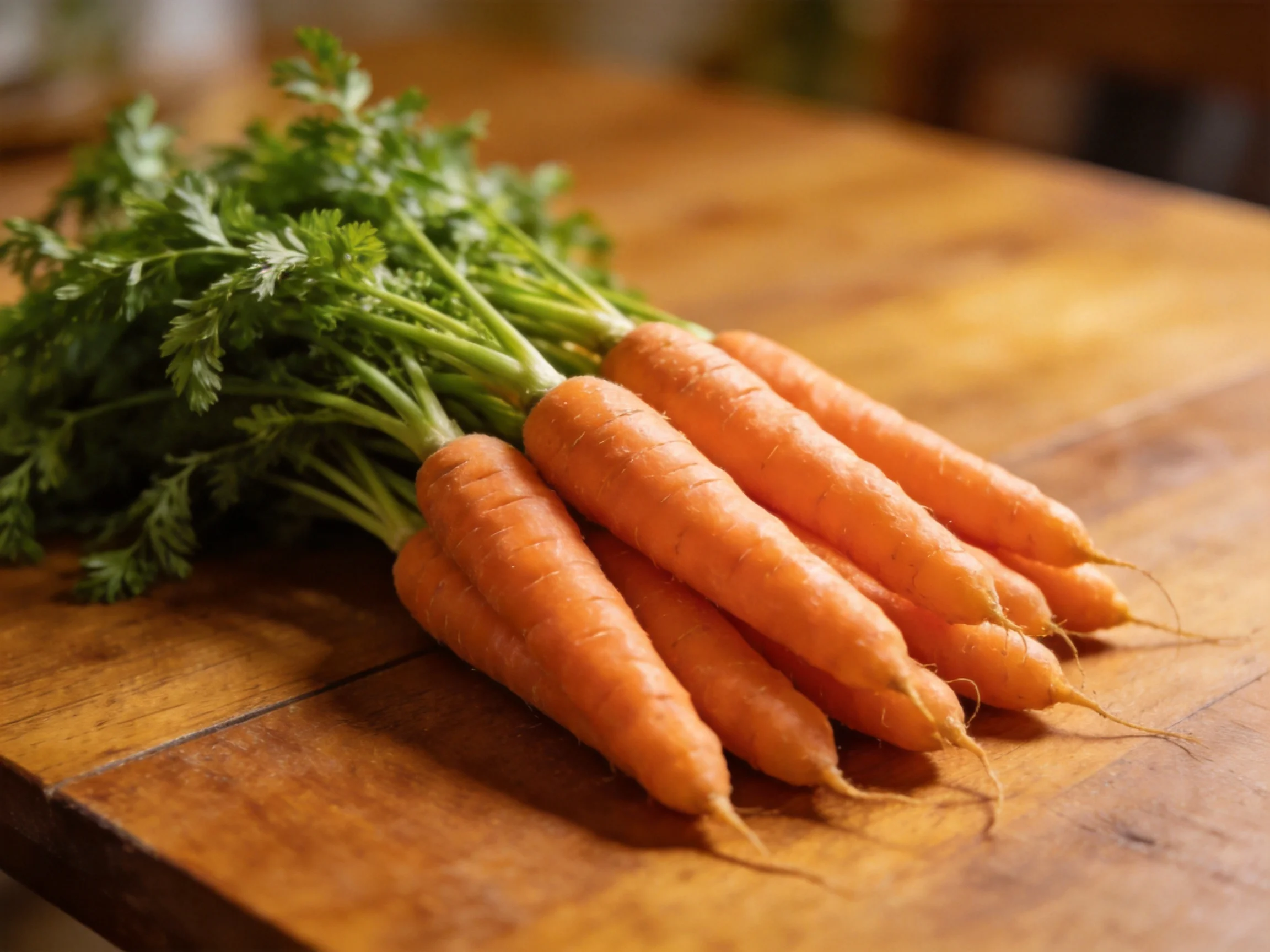 Fresh orange carrots with green leafy tops on a wooden table