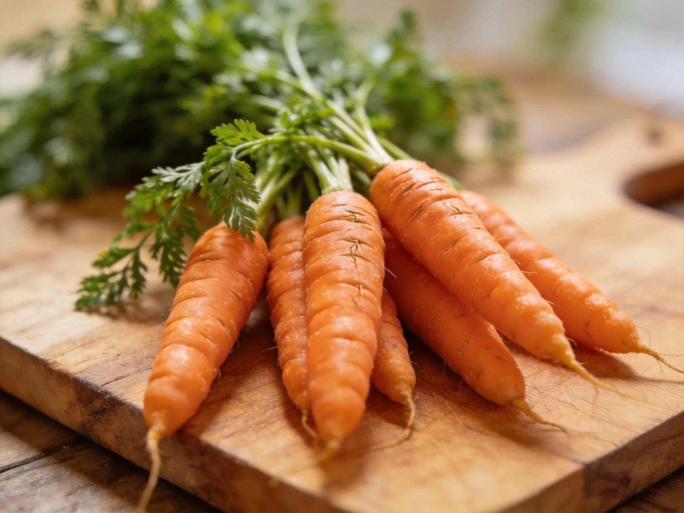 Fresh orange carrots with green tops arranged on a wooden cutting board