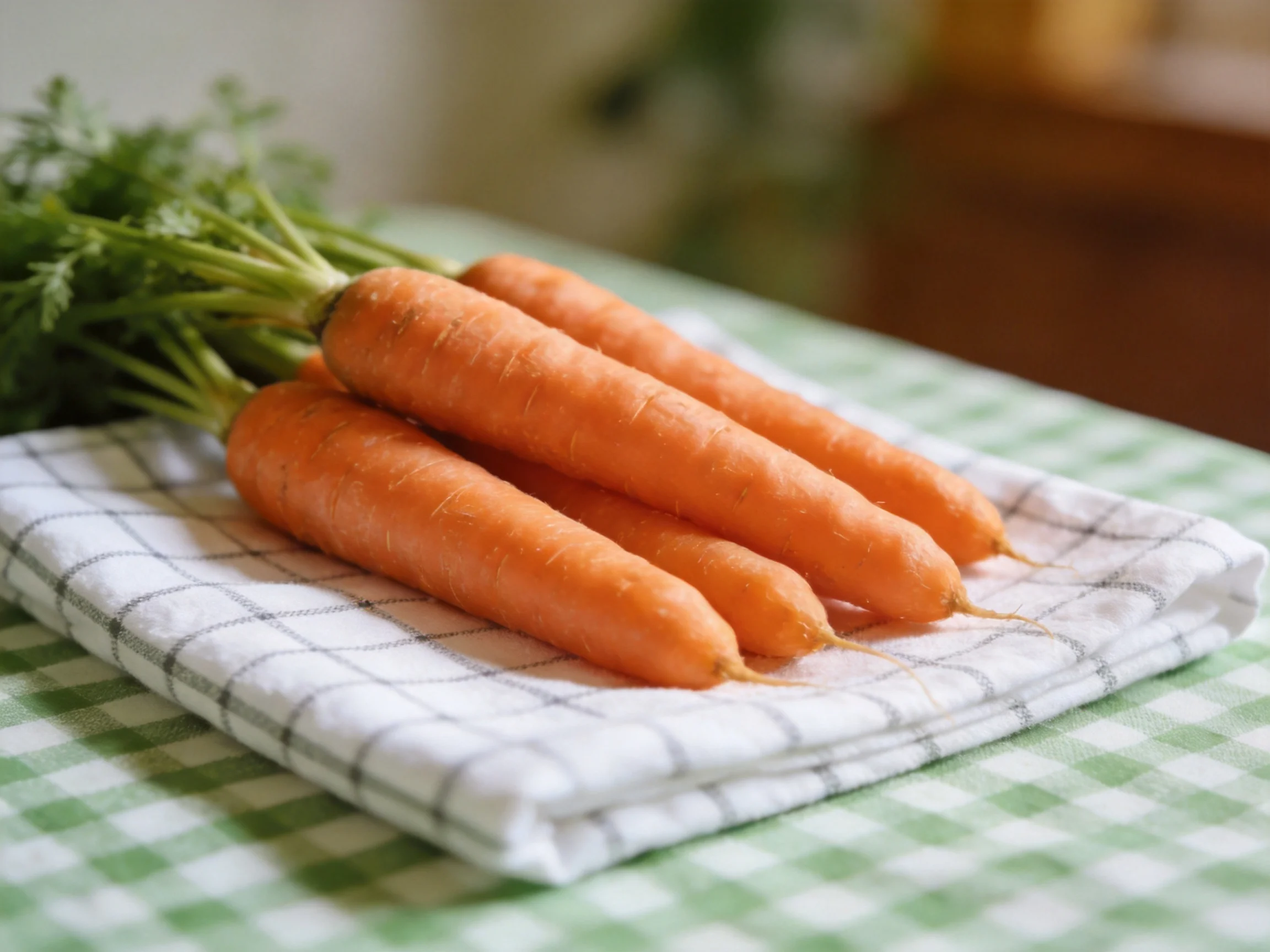 Fresh orange carrots with green tops resting on checkered cloths