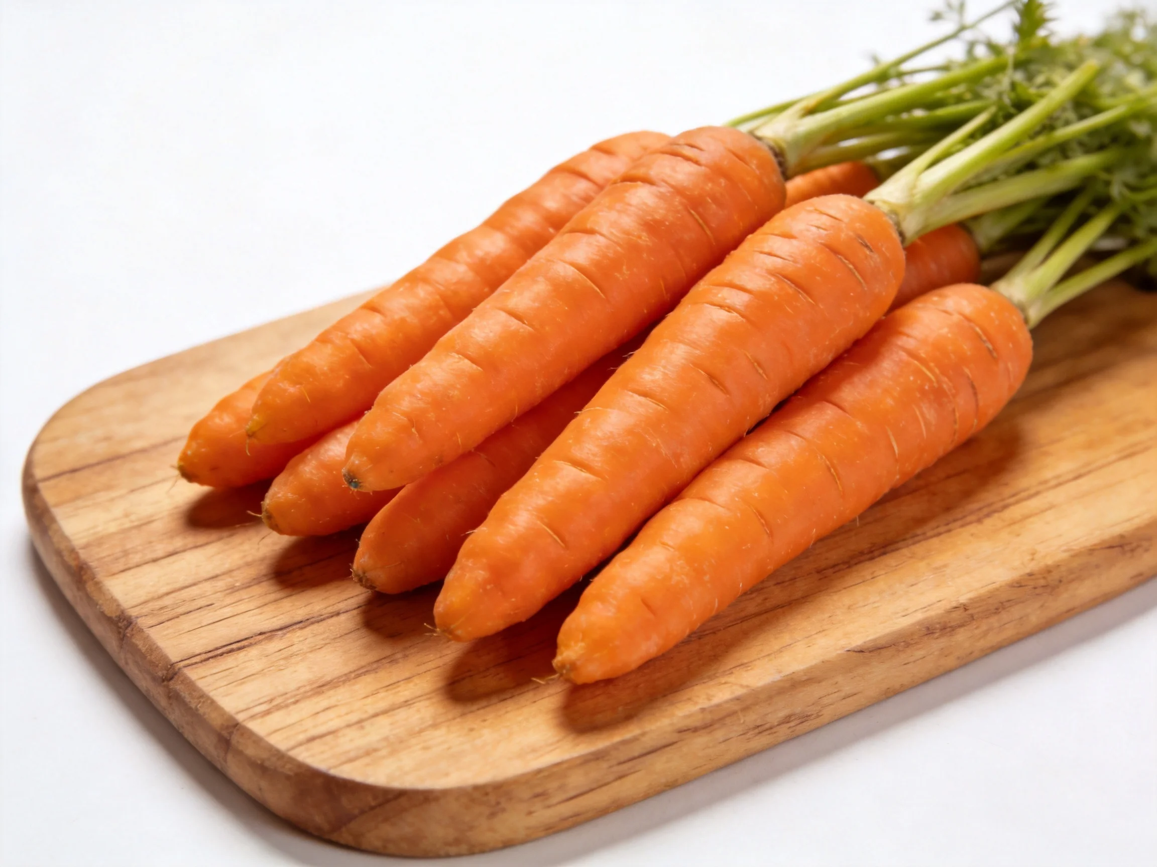 Fresh orange carrots with greentops arranged on a wooden cutting board