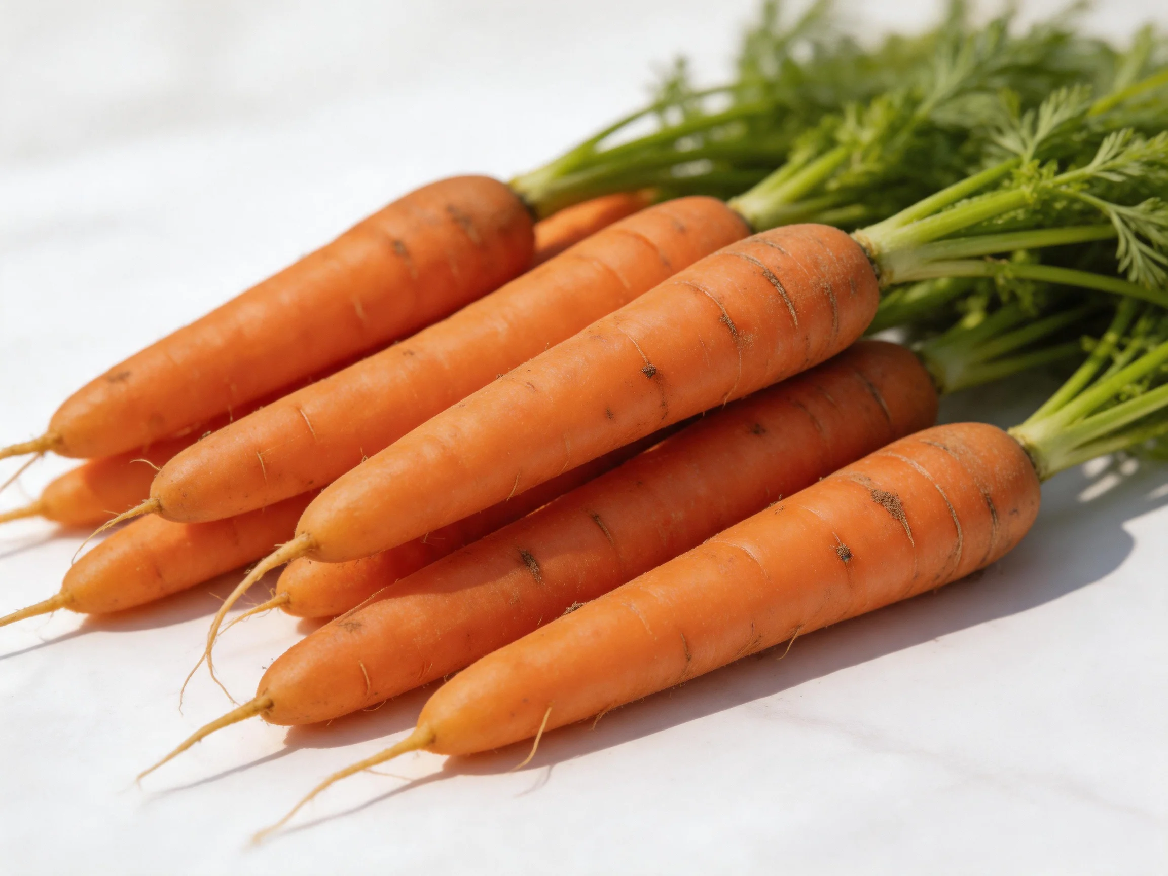Fresh orange carrots with vibrant green leafy tops clustered on a bright white surface