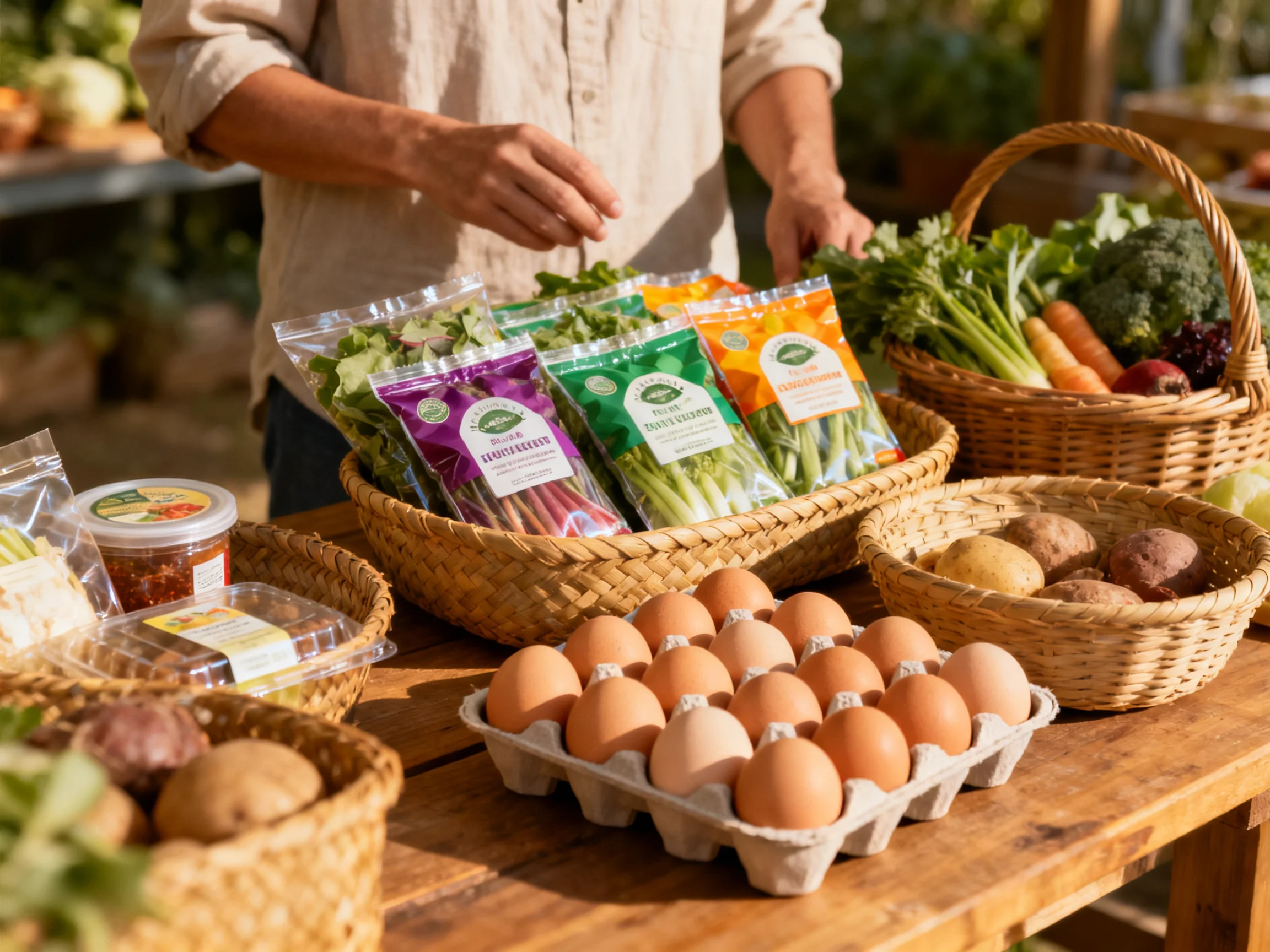 Fresh organic produce displayed at an outdoor farmers market stand