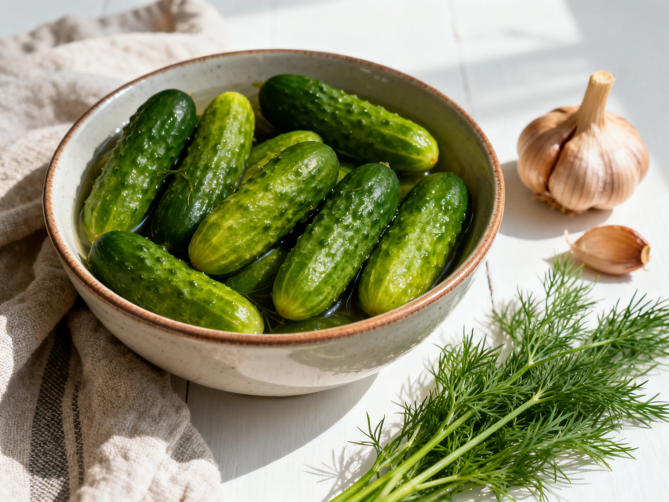 Fresh pickling cucumbers in ceramic bowl with garlic and dill nearby