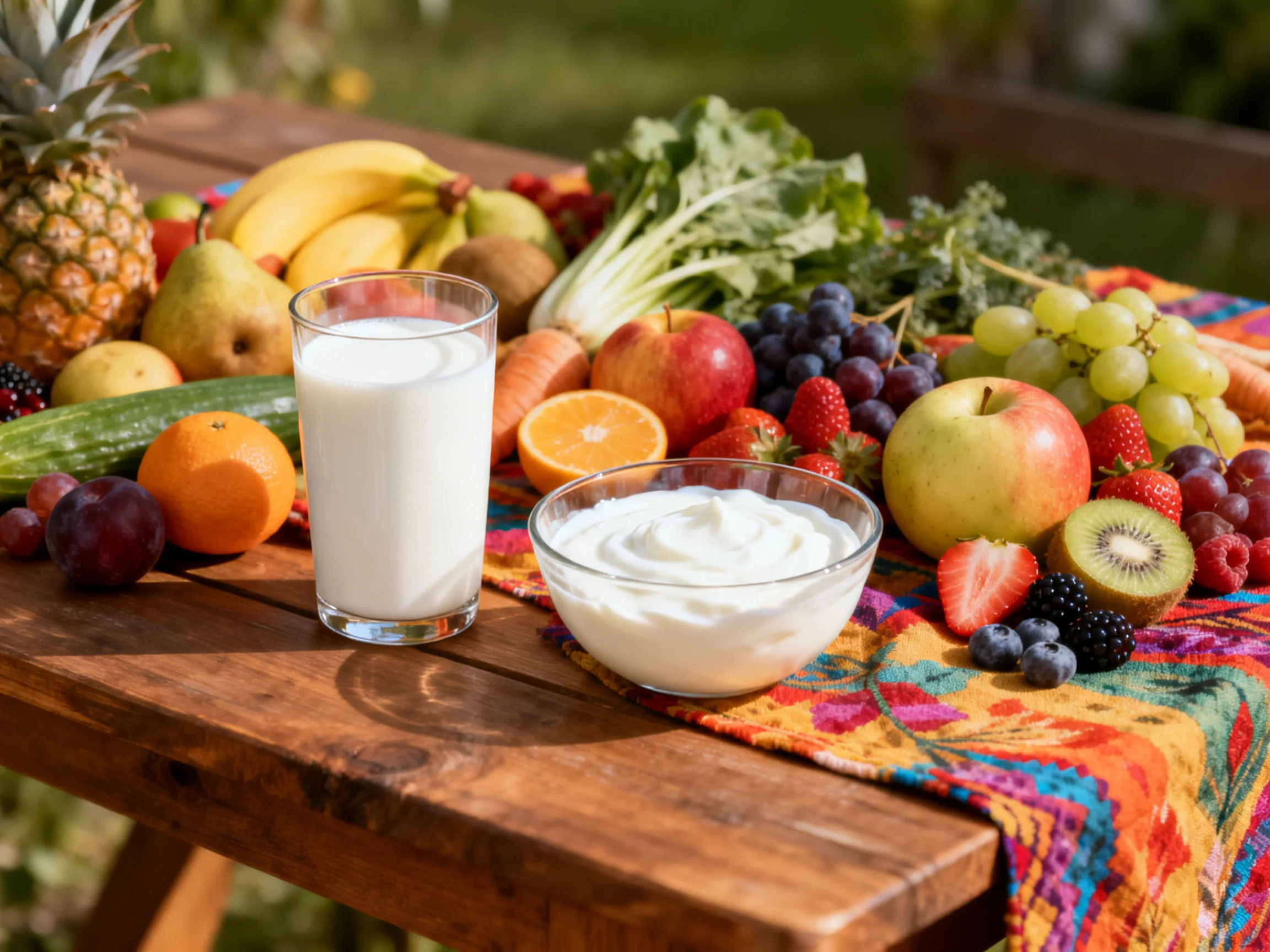 Fresh produce and dairy items displayed on a colorful outdoor wooden table