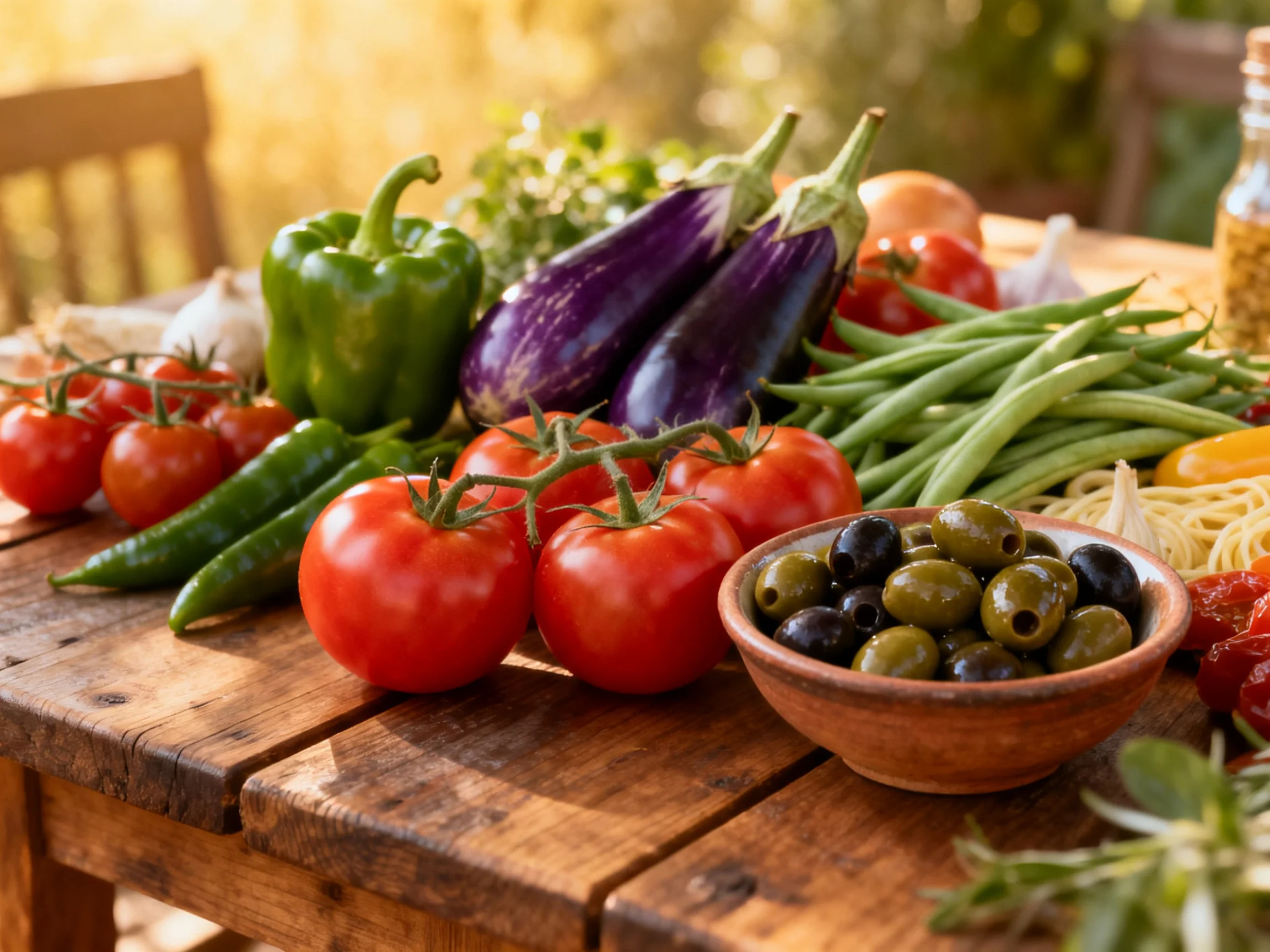 Fresh produce arranged on a rustic wooden table with vibrant colors and diverse vegetables
