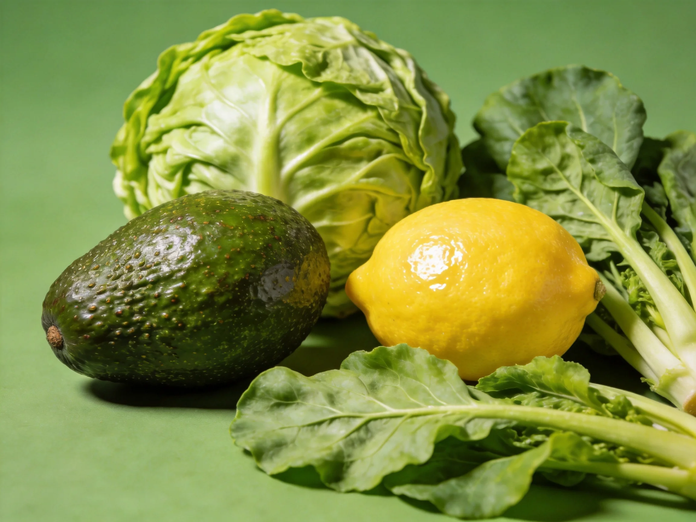 Fresh produce arrangement with cabbage, avocado, lemon, and leafy greens